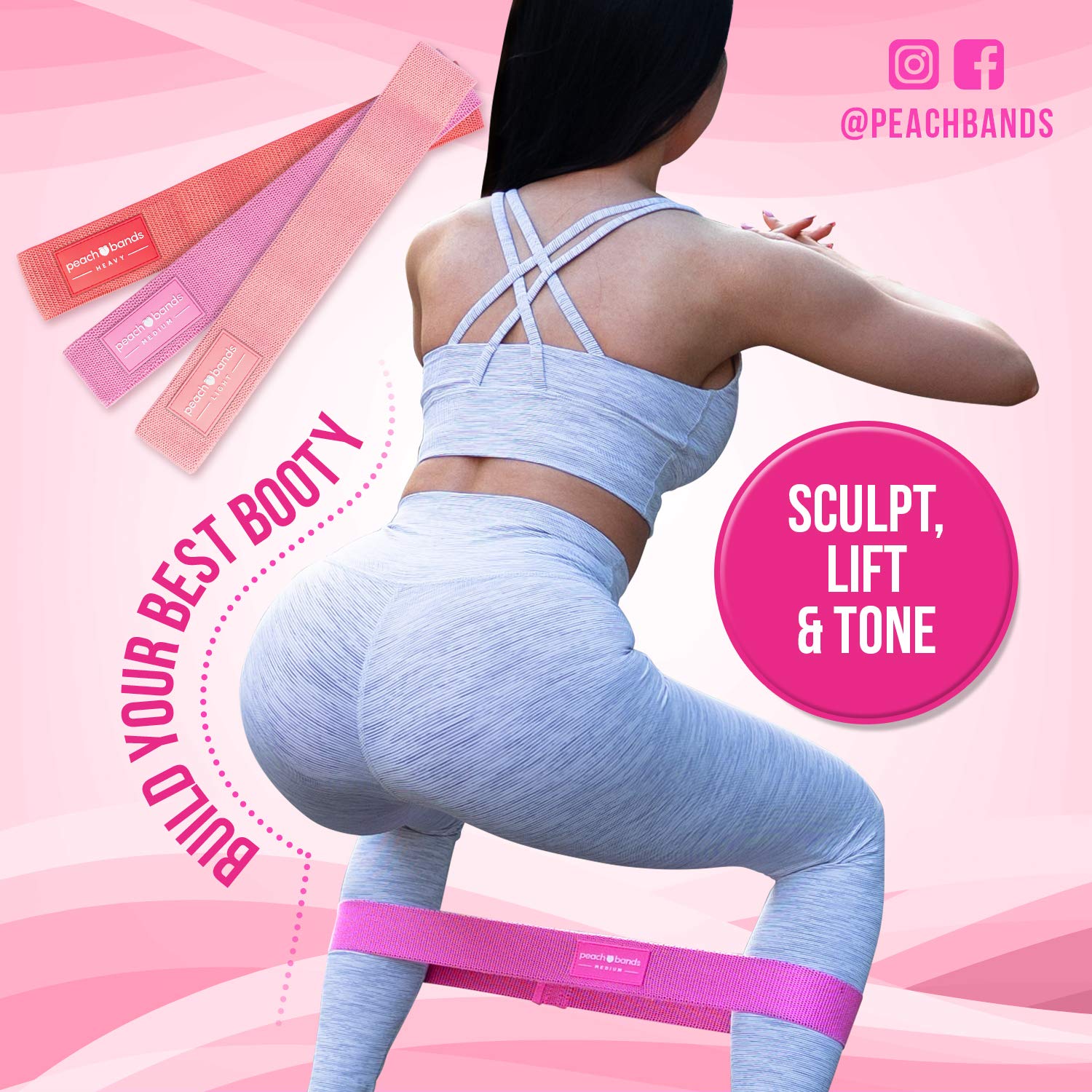 Peach Bands Hip Resistance Bands Set - Workout Bands for Legs, Butt & Glute Exercises | Toning & Strength Training | Home Gym, Yoga, Pilates & Fitness Accessories