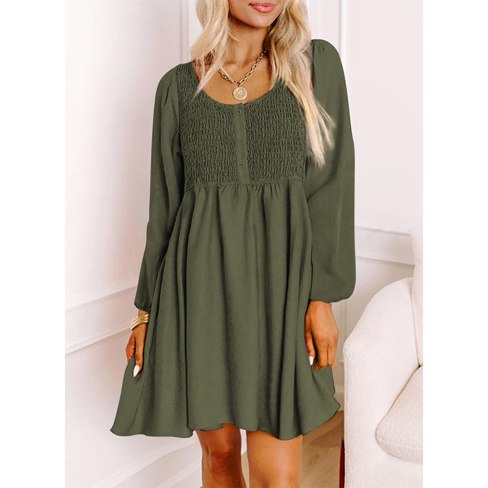 Women's Casual A-Line Flowy Midi Dress - Smocked Crewneck Long Sleeve Comfortable Fall Dress for Work, Date Night & Everyday Wear