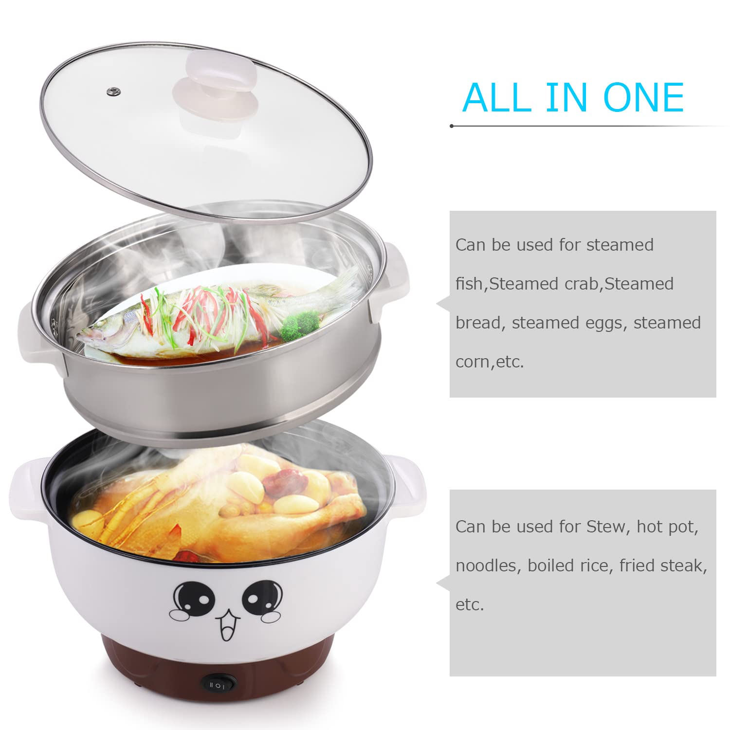 4-in-1 Electric Skillet with Steamer - 2.8L Non-Stick Multi-Functional Cooker for Rice, Hotpot, Soup, Eggs & Noodles - Perfect for Small Kitchens, Dorms & RV Cooking