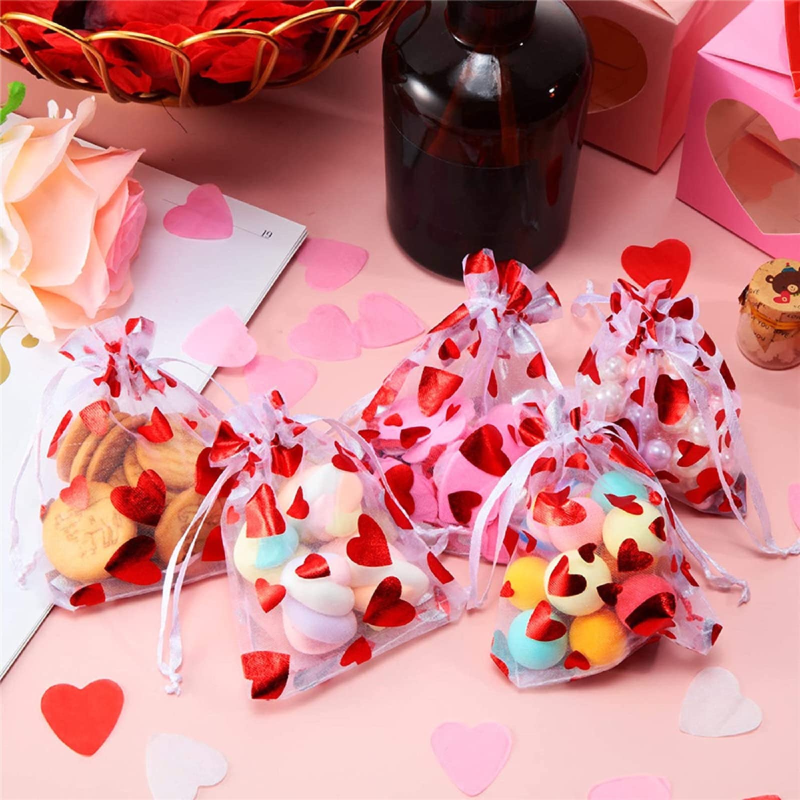 50Pcs Valentine's Day Love Candy Gift Bags - Heart Shaped Wedding Favor Pouches & Jewelry Drawstring Bags for Valentine's Day, Weddings, Anniversaries, Bridal Showers & Party Favors