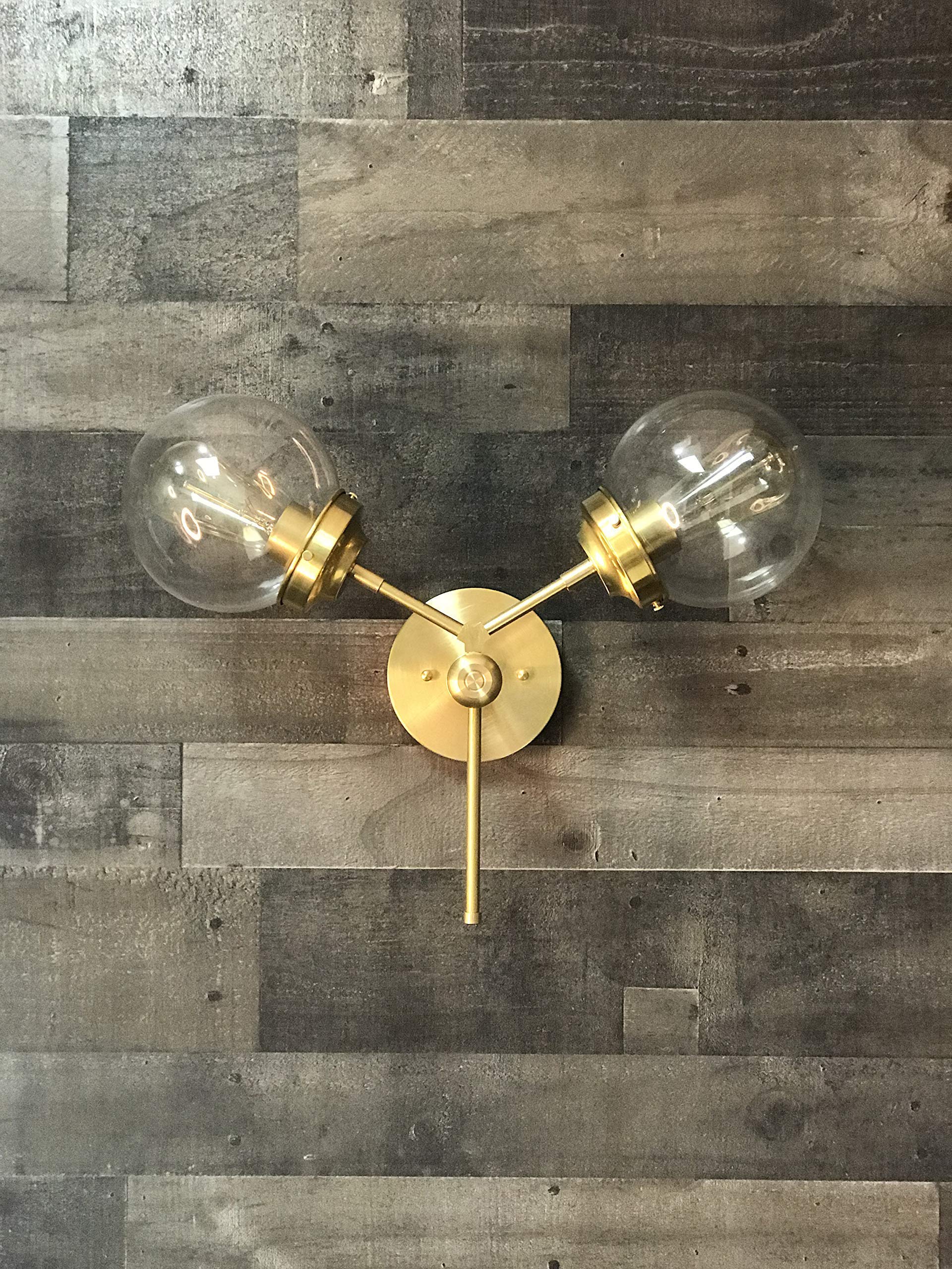 Vintage Mid Century Modern Double 6 Inch Wall Sconce - Clear Brass Finish LED Lighting Fixture for Bedroom, Living Room & Hallway