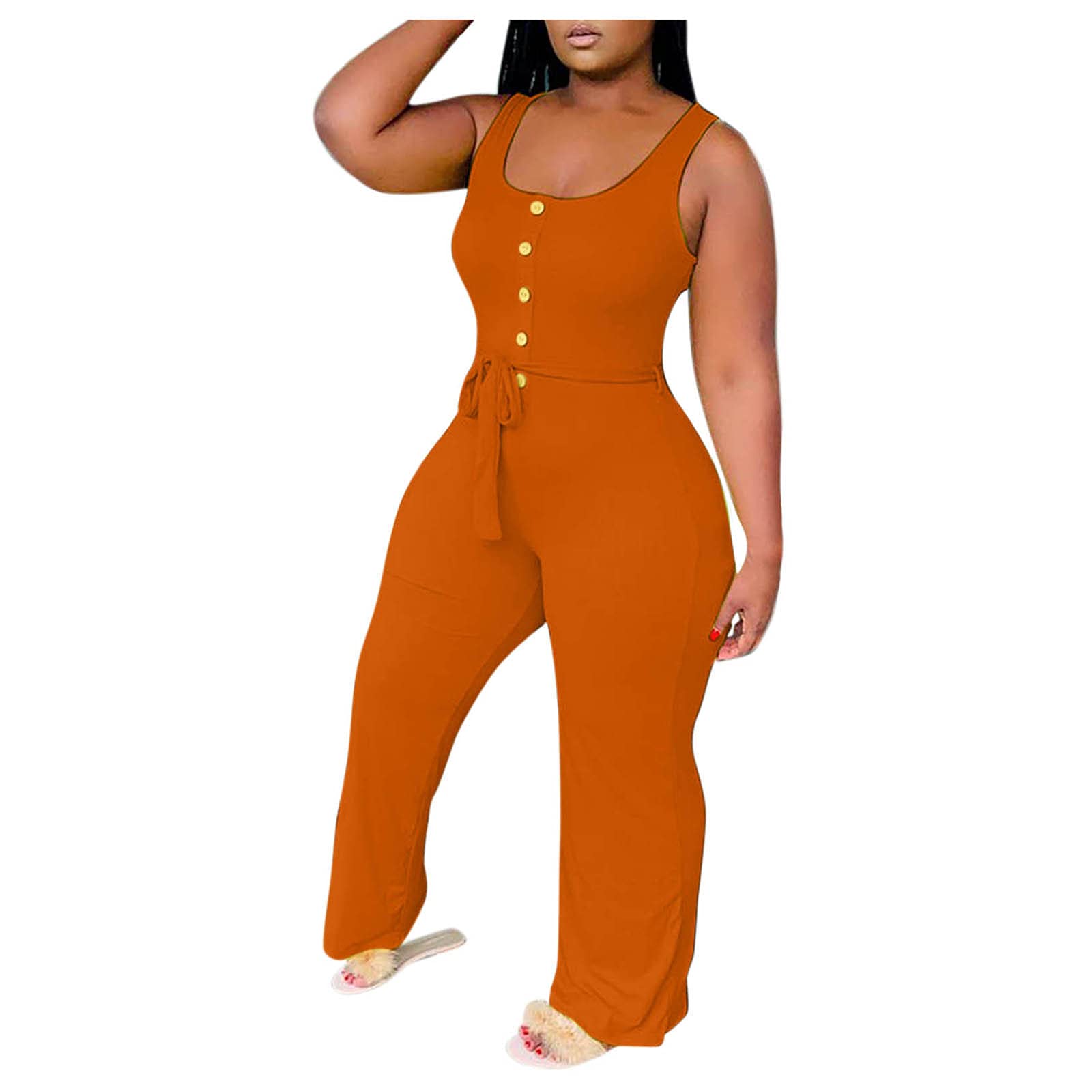 Plowerme Women's Casual Wide-Leg Stitched Sleeveless Jumpsuit - Summer Fashion Romper in Orange (Size M) | Perfect for Beach Vacations, Outdoor Parties & Summer Street Style