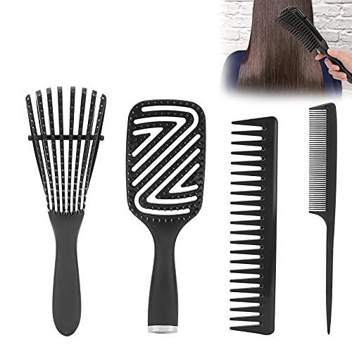 5pcs Detangling Brush Set - Anti Static Heat Resistant Hair Comb with Scalp Massage - Straight Hair & Rat Tail Styling Combs for Home Salon & Professional Use (Black) | Perfect for Daily Hair Care, Styling & Relaxing at Home or Salon