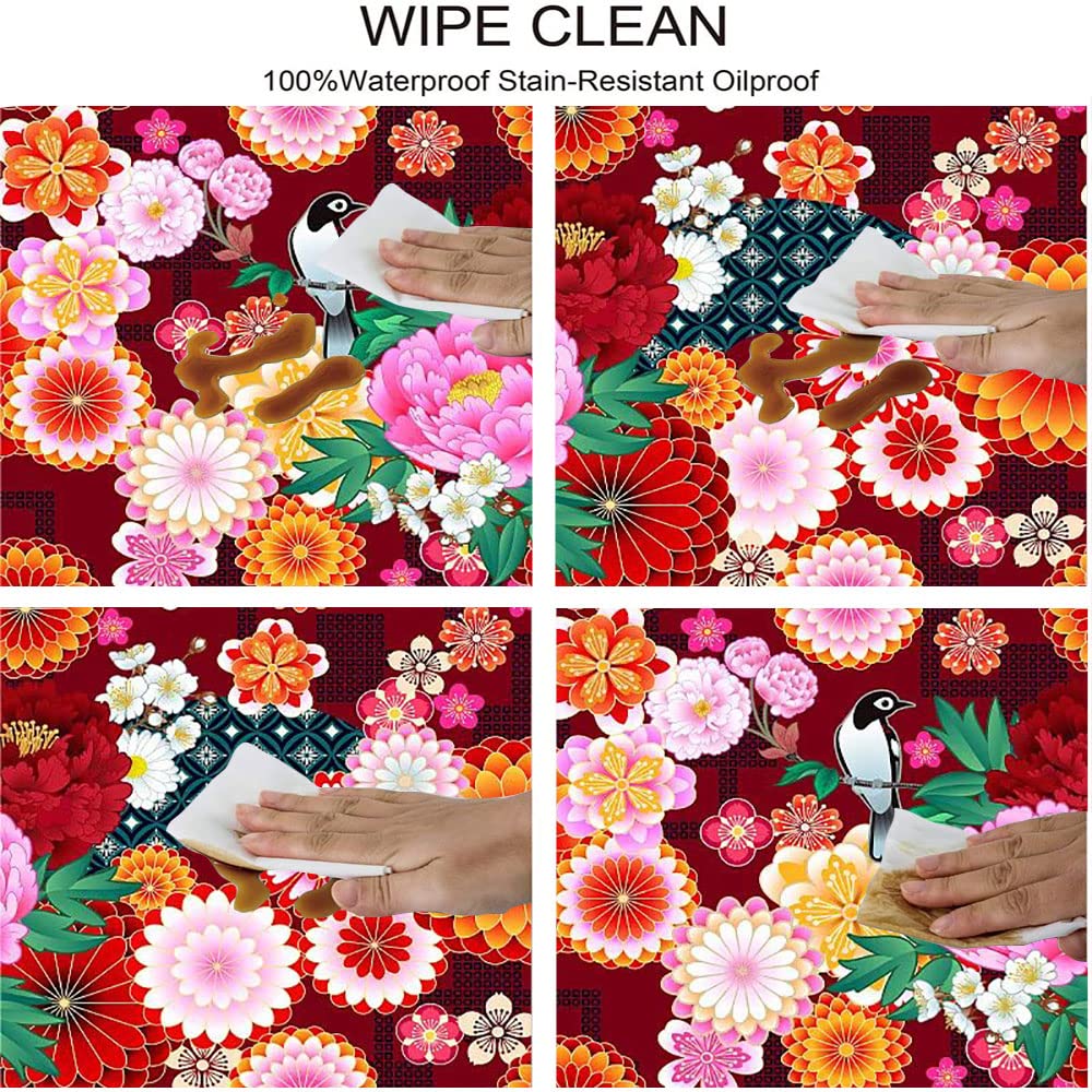 Floral Round Tablecloth with Elastic Edge - Waterproof & Wipeable Seamless Patchwork Design - Perfect for 32 Inch Tables - Ideal for Buffet Parties, Camping, and Home Decor
