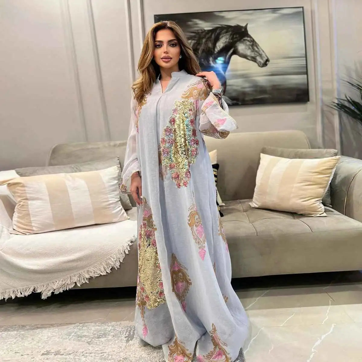 Elegant Sequin & Embroidered Women's Caftan Kaftan Dress - Eid Jalabiya for Special Occasions & Evening Parties