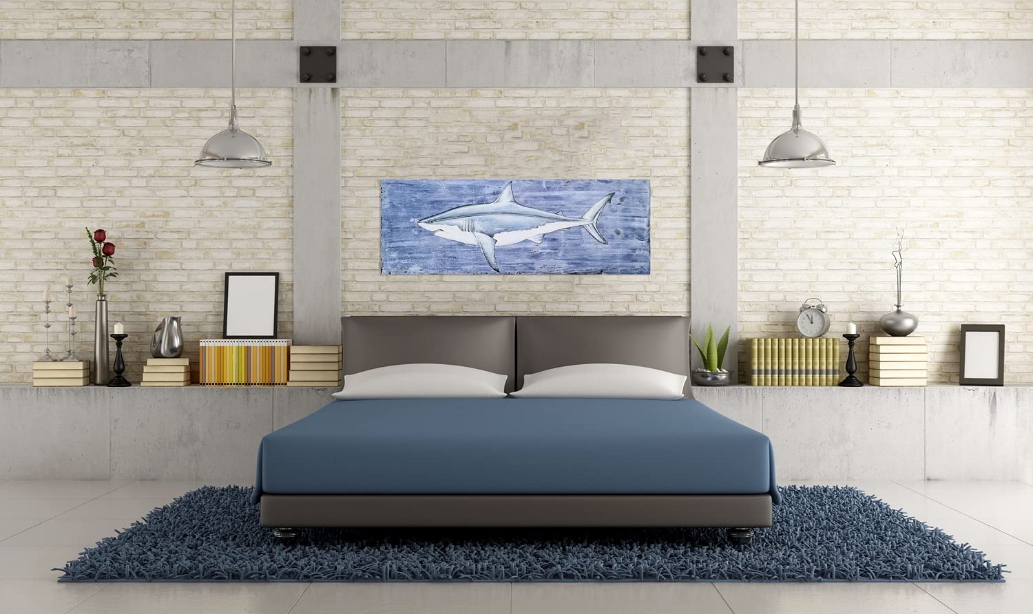 Hand Painted Coastal Canvas Wall Art - Modern Abstract Blue & White Fish & Shark Paintings - Textured Contemporary Ocean Themed Decor for Living Room, Bedroom, Bathroom - Perfect for Beach House, Office & Nautical Interior Design