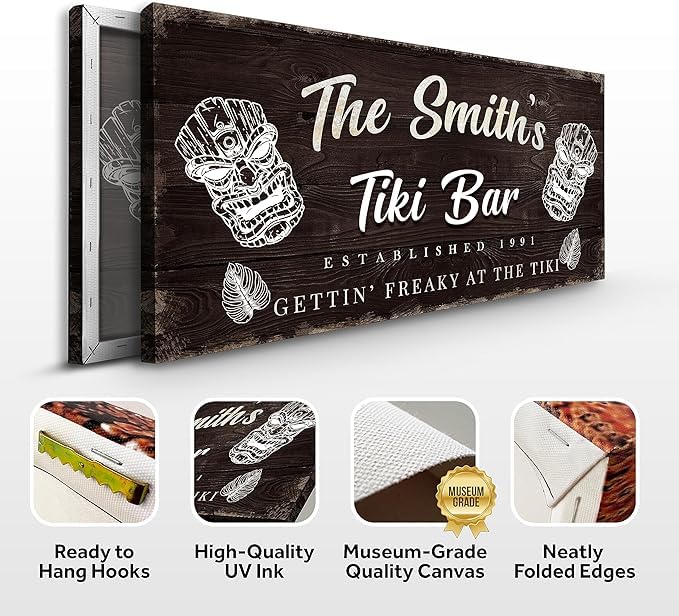Custom Tiki Bar Sign - 48x24in Handmade Canvas Wall Art for Man Cave, Outdoor Bar, Kitchen Decor, Pub & Restaurant - 'Gettin Freaky at the Tiki' Wooden Decoration | Perfect for Tropical Parties, Beach Themed Rooms & Home Bars