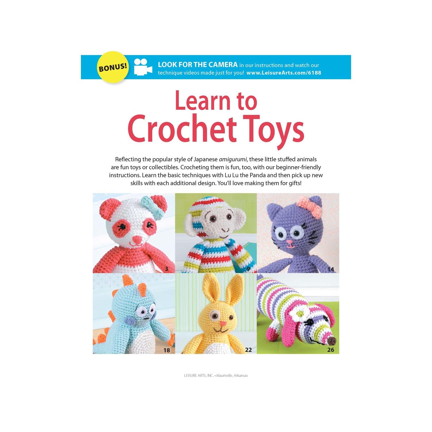 Leisure Arts LEA6188 Learn to Crochet Toys Book - Step-by-Step Guide for Beginners | DIY Crochet Patterns for Stuffed Animals & Amigurumi | Perfect for Crafting, Gifts & Home Decor