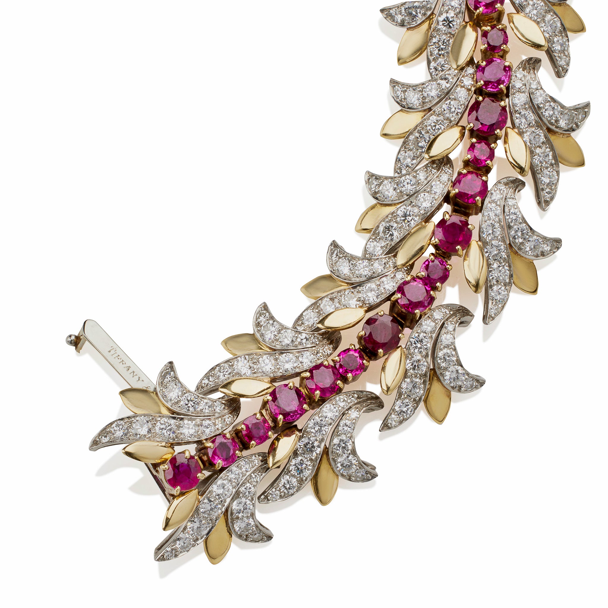 Tiffany & Co. Authentic Burmese Ruby and Diamond Leaf Bracelet - 18K Gold Luxury Jewelry for Women, Perfect for Weddings, Anniversaries & Special Occasions