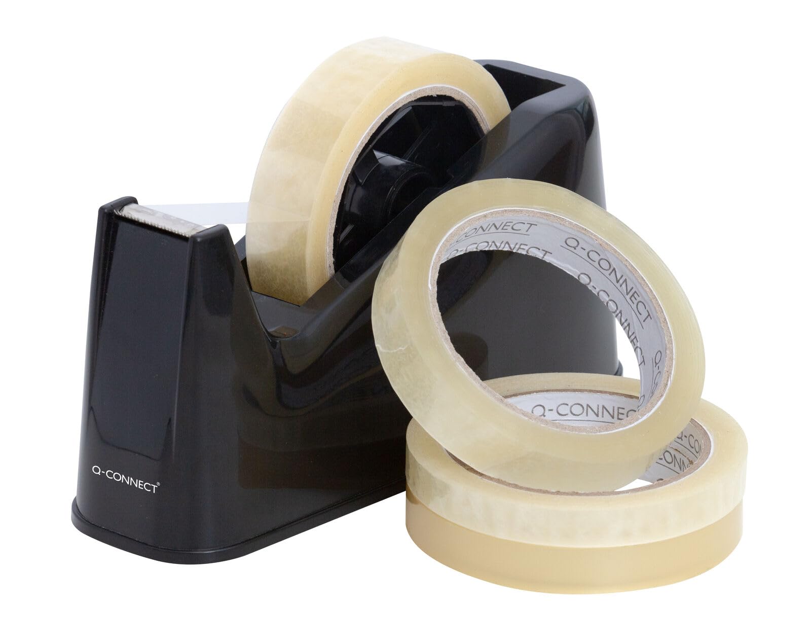 Q Connect Black Desk Tape Dispenser - Heavy Duty Adhesive Tape Holder for Office, School & Home Use - Perfect for Wrapping, Packing & Crafting