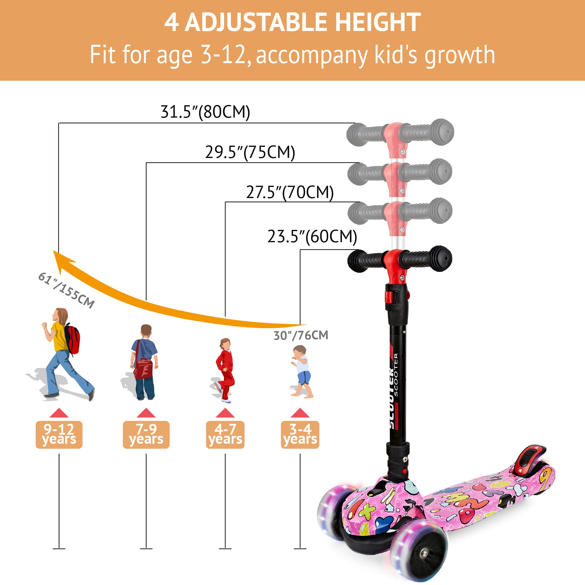 **Foldable & Height Adjustable Kids Scooter for Ages 3-12 – Graffiti Design, Non-Slip Deck, Extra Wide PU Light-Up Wheels (200 lbs Capacity) – Perfect for Commuting, Outdoor Play & Neighborhood Rides**