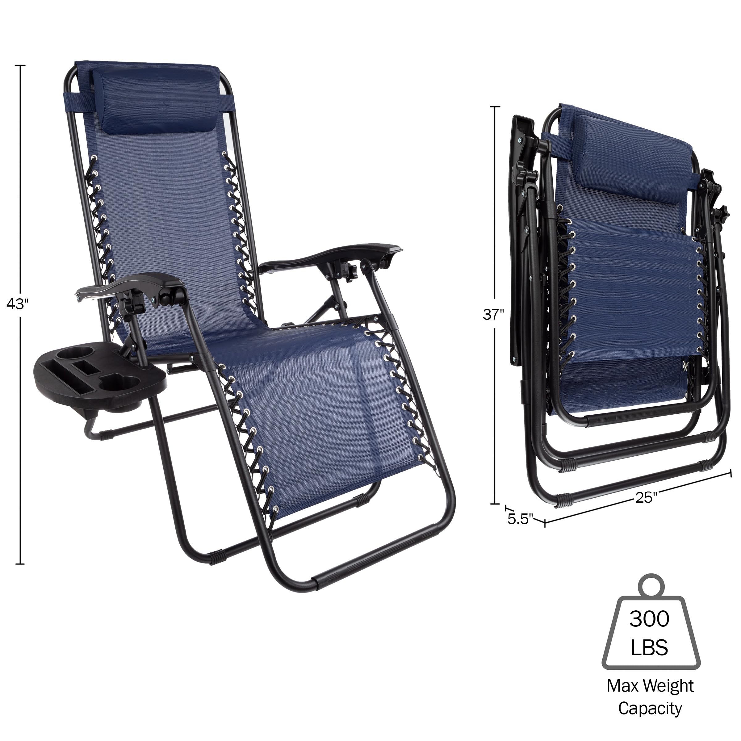**Lavish Home Zero Gravity Recliner Chairs - Set of 2 Outdoor Lounge Chairs with Side Tables, 2 Cup Holders, Phone & Tablet Holder, Pillow Included (Navy) - Perfect for Patio, Poolside, Camping & Backyard Relaxation**