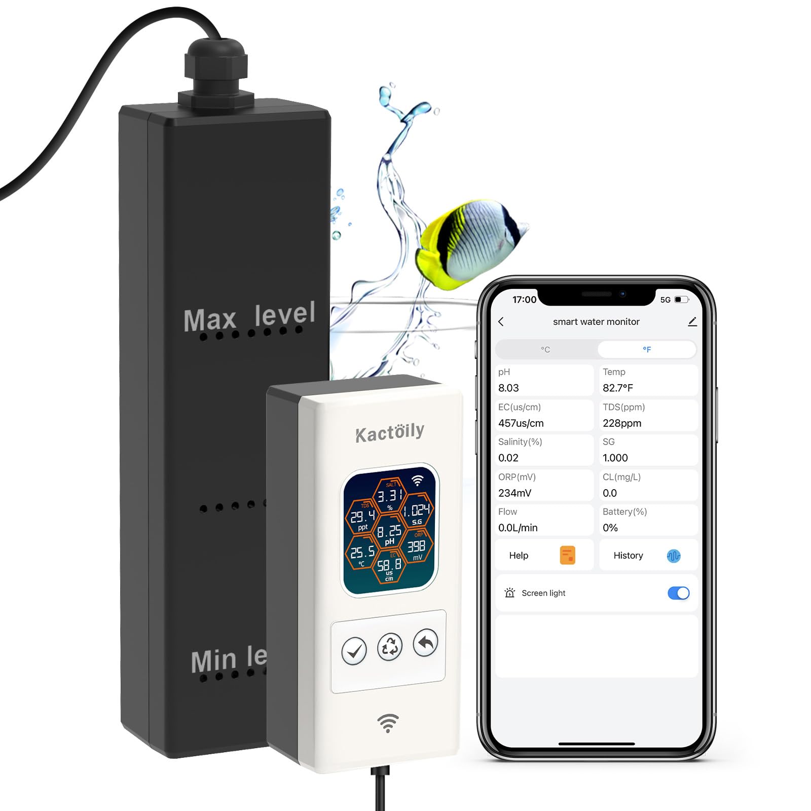 Smart Aquarium Water Quality Monitor - pH, ORP, Salt, TDS, EC & Temperature Tester with WiFi for Freshwater & Saltwater Fish Tanks | 24/7 Remote Monitoring for Healthy Aquatic Life