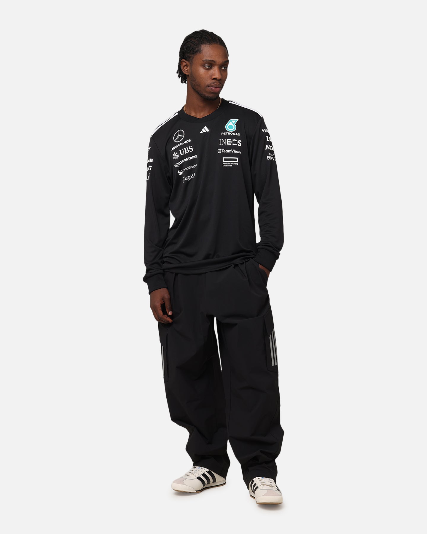 Adidas x Mercedes AMG PETRONAS F1 2025 Mechanics Joggers Pants - Black & White Athletic Tracksuit Bottoms for Running, Training & Motorsport Fans