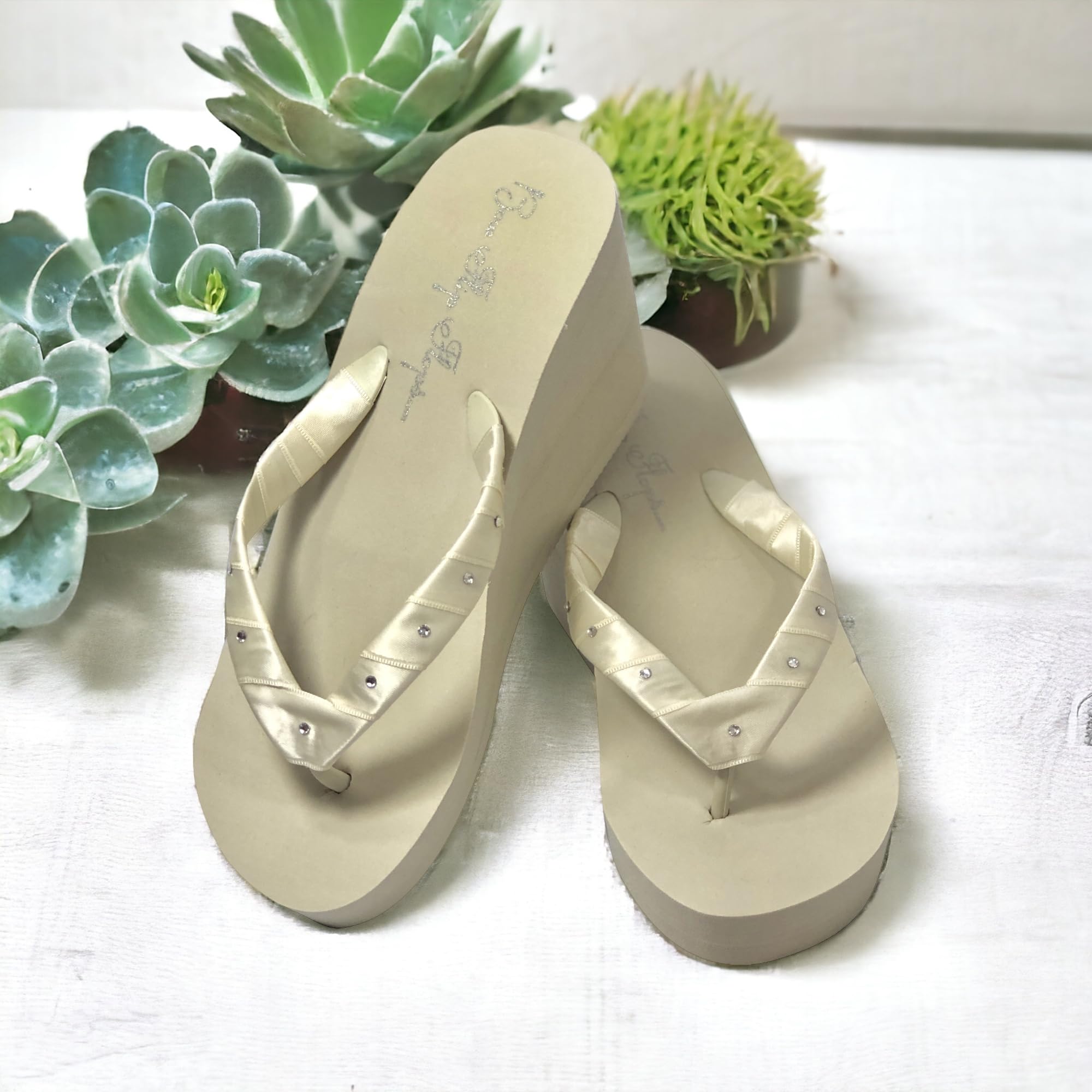 Sparkling Crystal Rhinestone Embellished Wedge Flip Flops - Ivory & White | Comfortable Summer Sandals for Beach, Pool, and Casual Outings