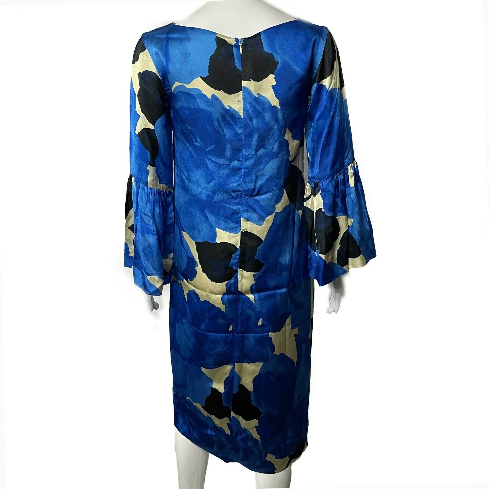 Dries Van Noten Blue Floral Satin Dress - Elegant Midi Dress in Blue, White & Black | Size IT34/US00 | Perfect for Weddings, Parties & Special Occasions