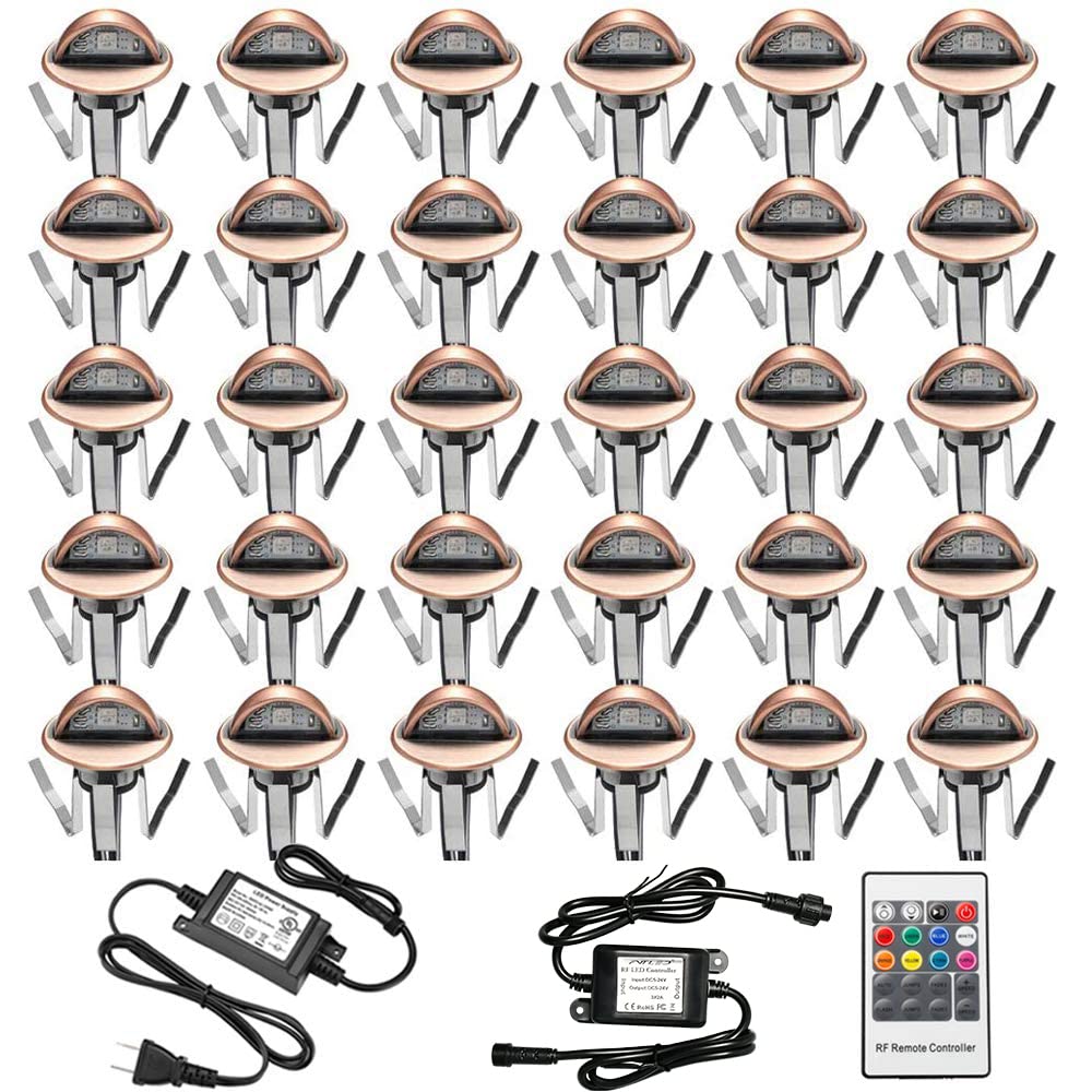 30 Pack FVTLED Multi-Color Low Voltage LED Deck Lights - Bronze Outdoor Landscape Lighting Kit with RGB LEDs for Garden, Yard, Pathway & Stair Decoration (Φ1.38