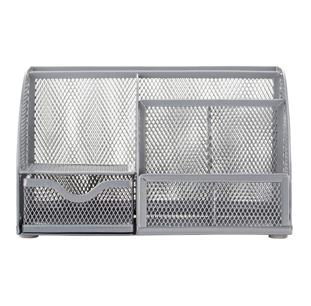 Anova 7-Compartment Mesh Desk Organizer with Drawer - Silver Office Desk Tidy for Pens, Candy & Supplies | Perfect for Home Office, School & Workspace Organization