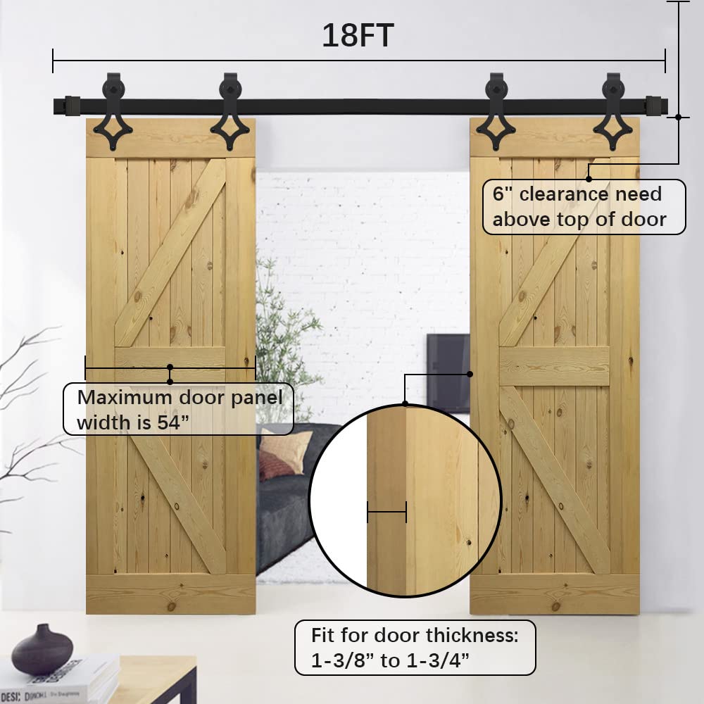 18FT Black Sliding Barn Door Hardware Kit - Rhombic Hanger System for Double Doors | Rustic Home Decor, Farmhouse Style Interior Design