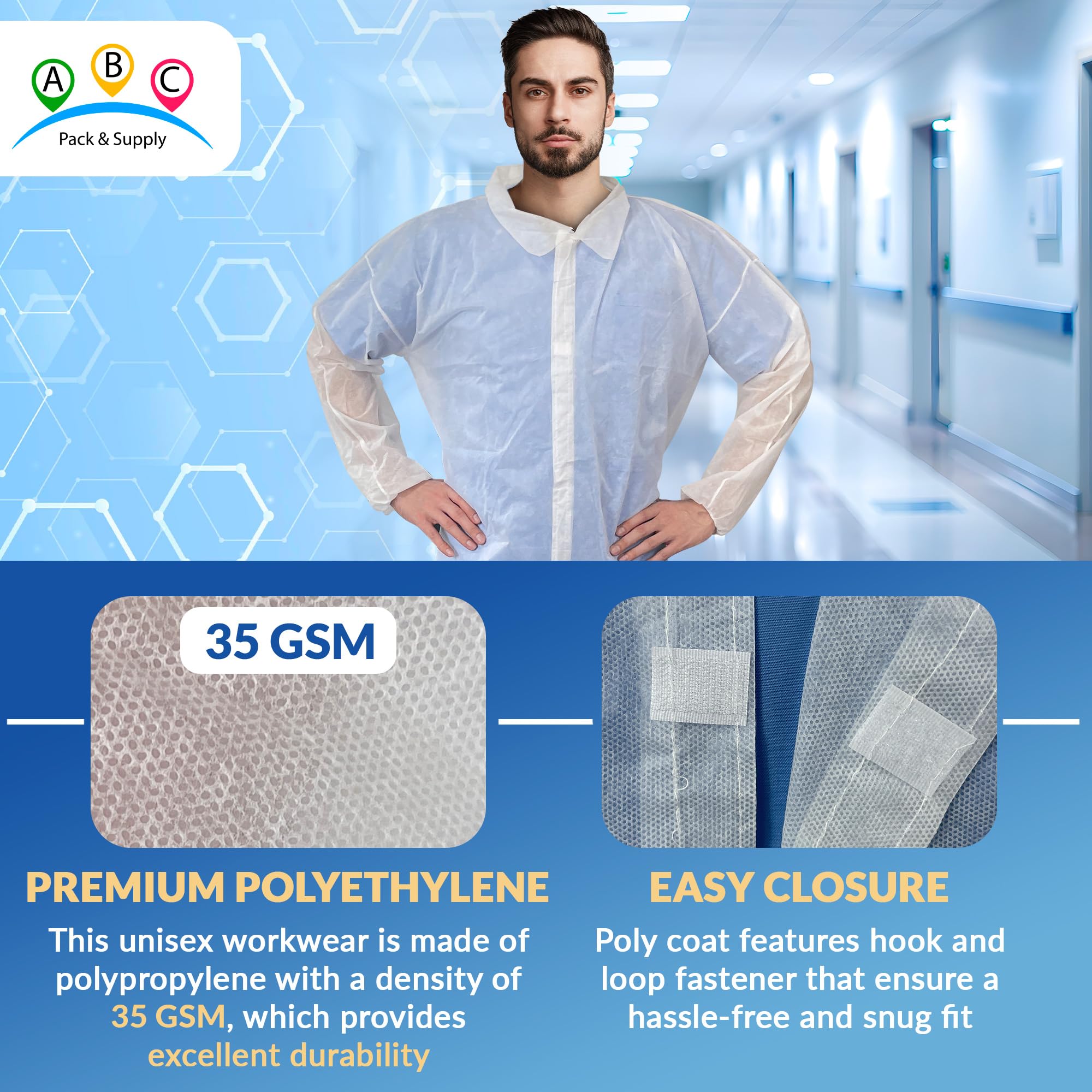 Disposable Lab Coats for Adults - 3X-Large, Pack of 25 White Polypropylene Medical Coats (30 GSM) with Elastic Cuffs & 4 Snaps - Ideal for Healthcare Workers, Laboratories, Cleanrooms & Food Service Industry