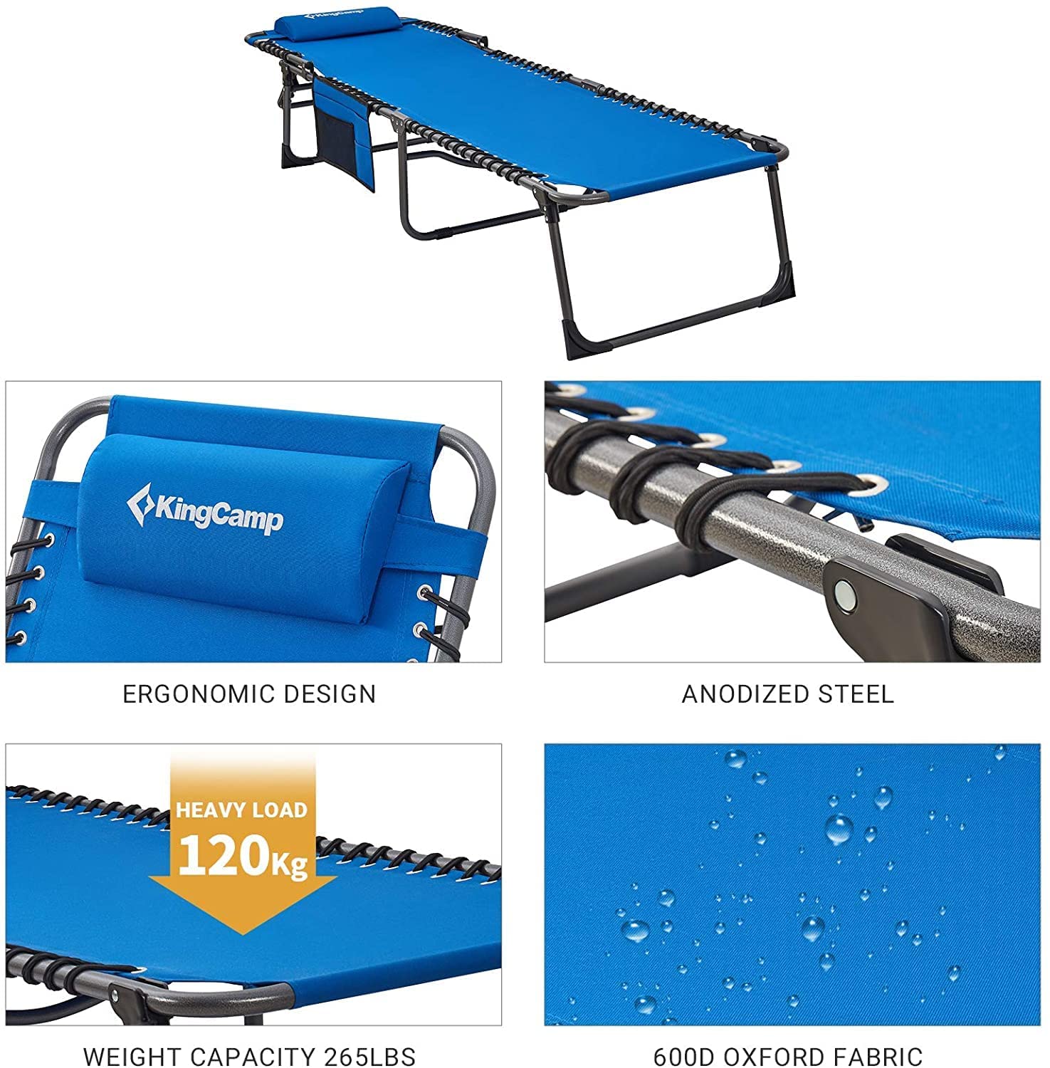 KingCamp Outdoor Chaise Lounge Chair - Foldable Sun Chair for Patio, Camping, Beach, Pool & Garden - Heavy Duty Portable Adjustable Recliner with Pillow - Perfect for Sunbathing, Relaxing in Yard or Lawn