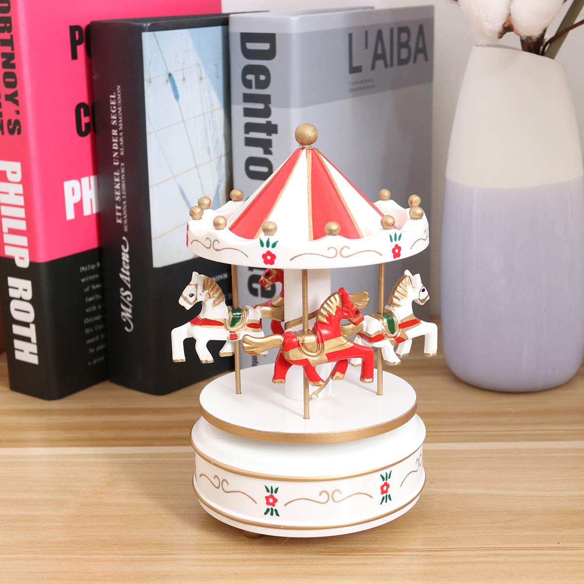 Vosarea Wooden Carousel Music Box - Handcrafted Decorative Desktop Musical Toy with Melodies | Perfect Gift for Christmas, Birthday, Valentine's Day | Home Decor, Nursery Room, Wedding Centerpiece (Red)