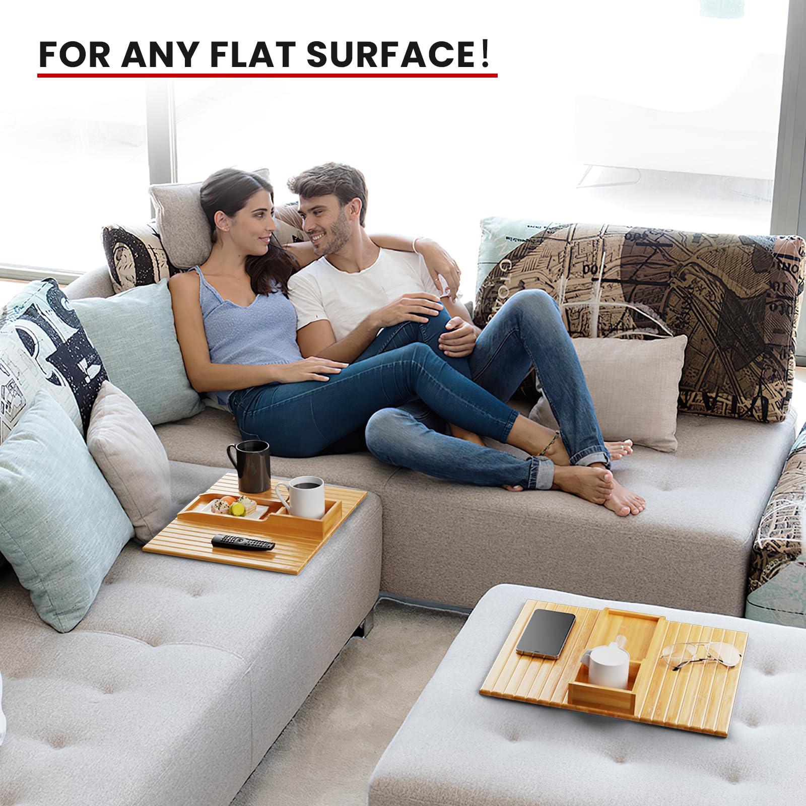 Foldable Natural Bamboo Couch Cup Holder - Anti-Slip Sofa Drink Holder & Arm Tray for Eating, Drinking, Snacks, Remote Control | Perfect for Movie Nights, Gaming, and Relaxing on the Couch