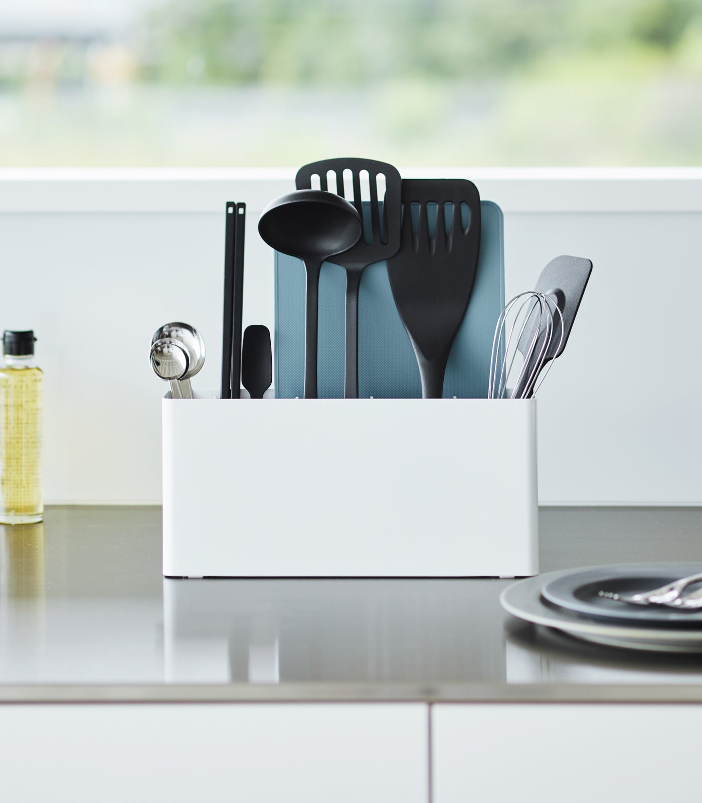 Stainless Steel Utensil Holder & Thin Cutting Board Organizer - Perfect for Kitchen Countertop Storage and Organization