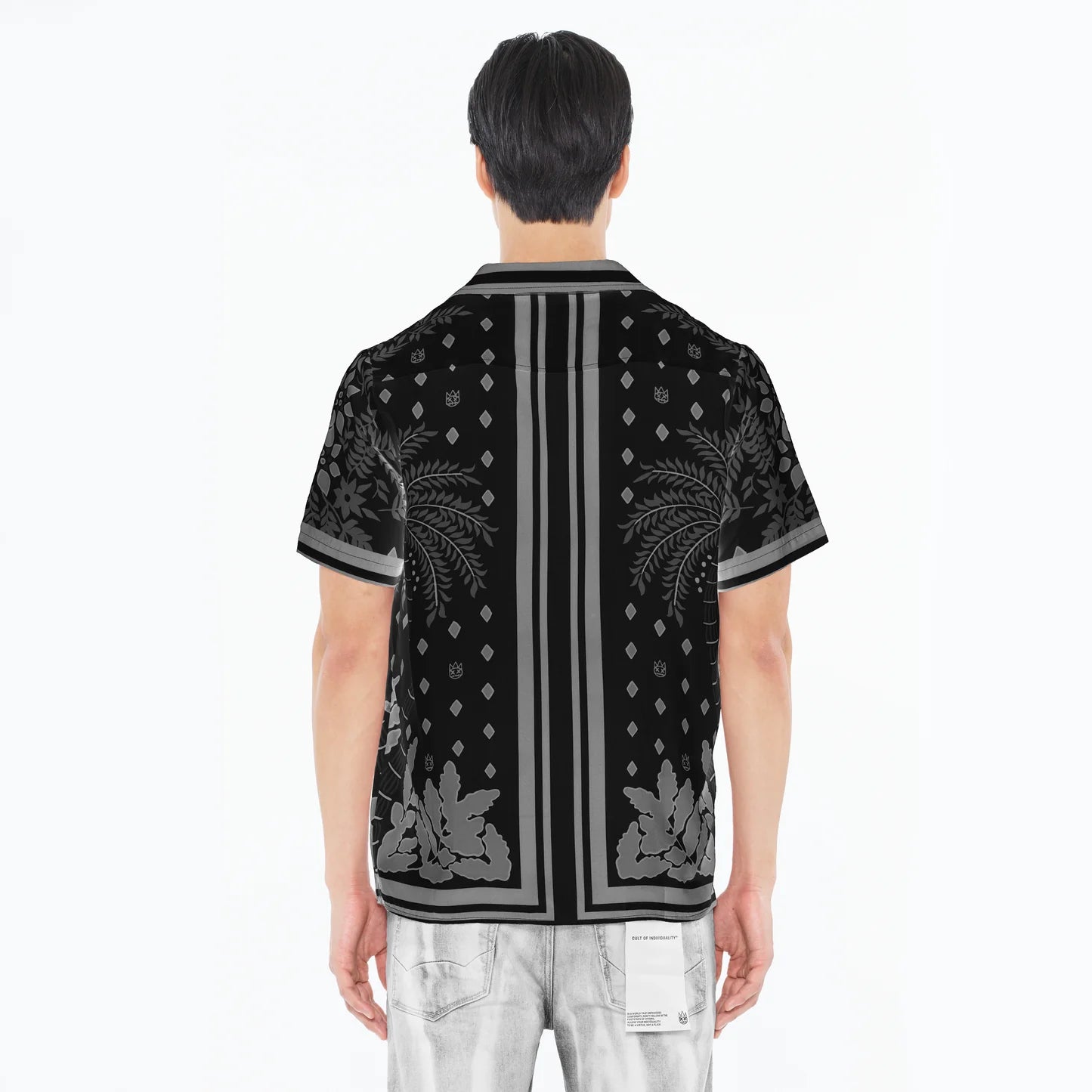 CULT OF INDIVIDUALITY Black Cuban Woven Shirt - Retro Style Men's Guayabera Shirt for Summer Beach Vacation & Casual Outings