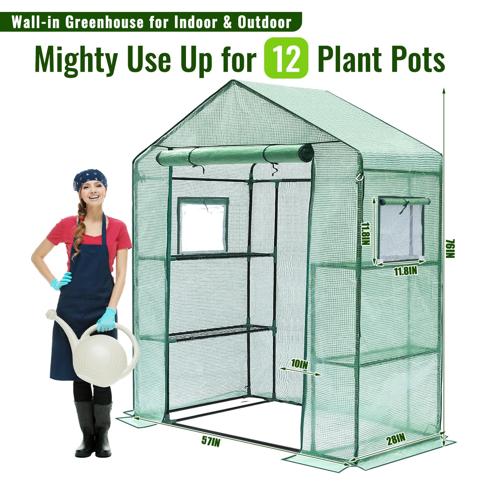 Greengro 28 x 57 x 76 Inch Outdoor Greenhouse with Screen Windows - 3 Tier 4 Shelf Small Plant House - Durable PE Cover & Plastic Walls for Indoor/Outdoor Gardening - Perfect for Herbs, Flowers & Seed Starting