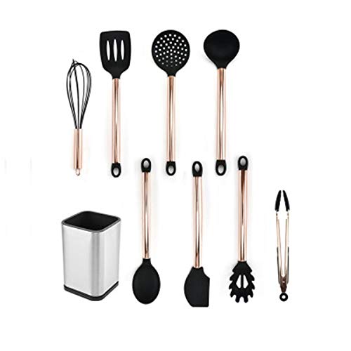 Heat Resistant Silicone Cooking Utensils Set with Stainless Steel Handles - 5-Piece Non-Stick Kitchen Tool Set for Baking, Frying & Sauteing (Dark Khaki) - Perfect for Induction Cooktops & Nonstick Pans
