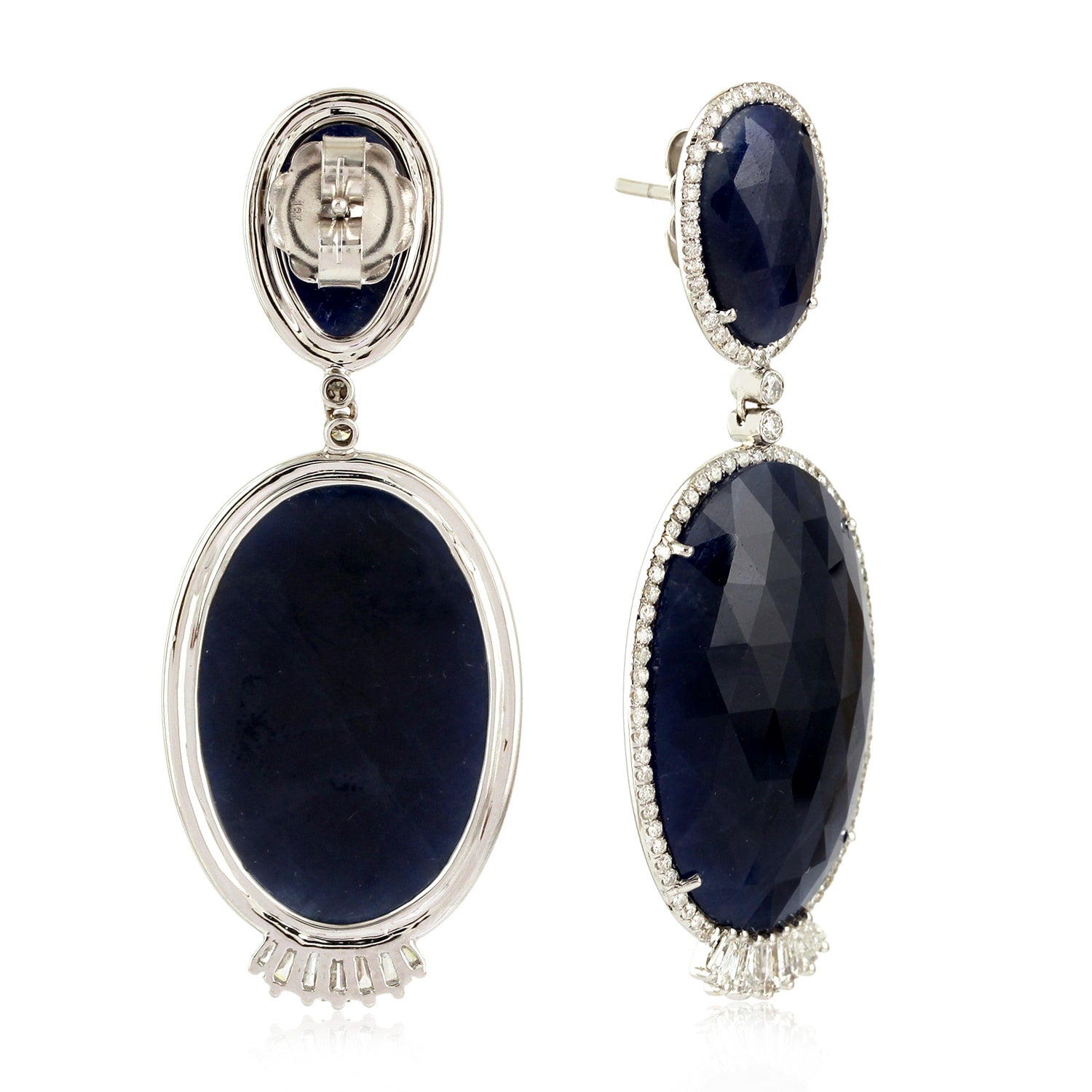 Natural Blue Sapphire & Diamond Baguette Dangler Earrings in 18K White Gold – Elegant Wedding Jewelry for Brides & Special Occasions