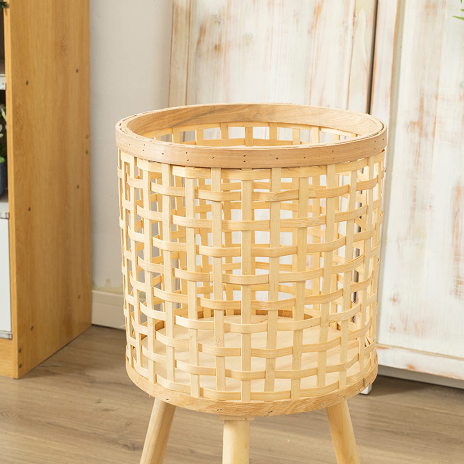 Natural Bamboo Woven Plant Pot Stand with Wooden Legs - Indoor Rattan Basket Flower Pot Holder - Boho Chic Floor Plant Stand for Home Decor, Living Room, Bedroom & Office Display (Khaki, Small)