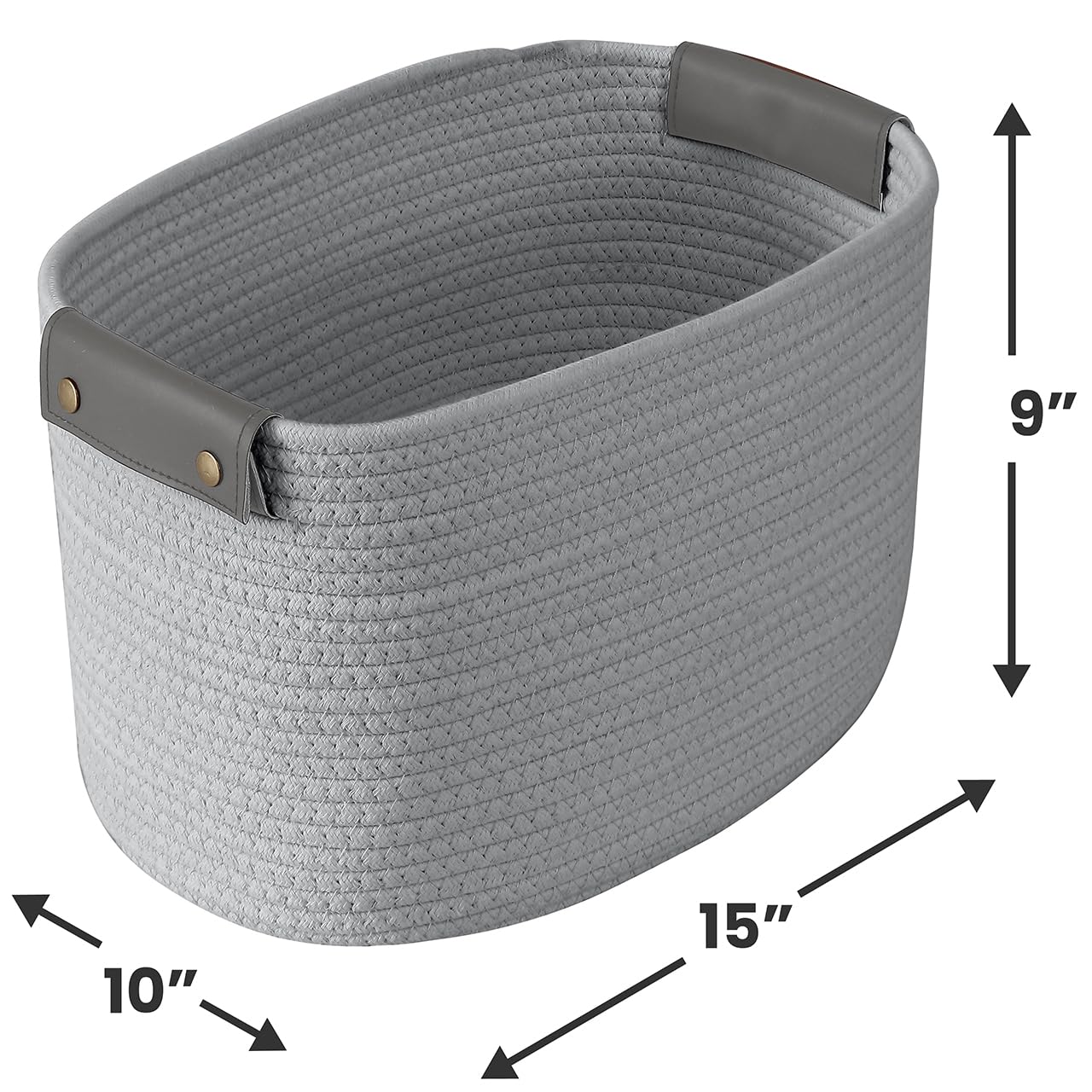 Organizix 3-Pack Gray Woven Cotton Rope Storage Baskets with Faux Leather Handles - 15