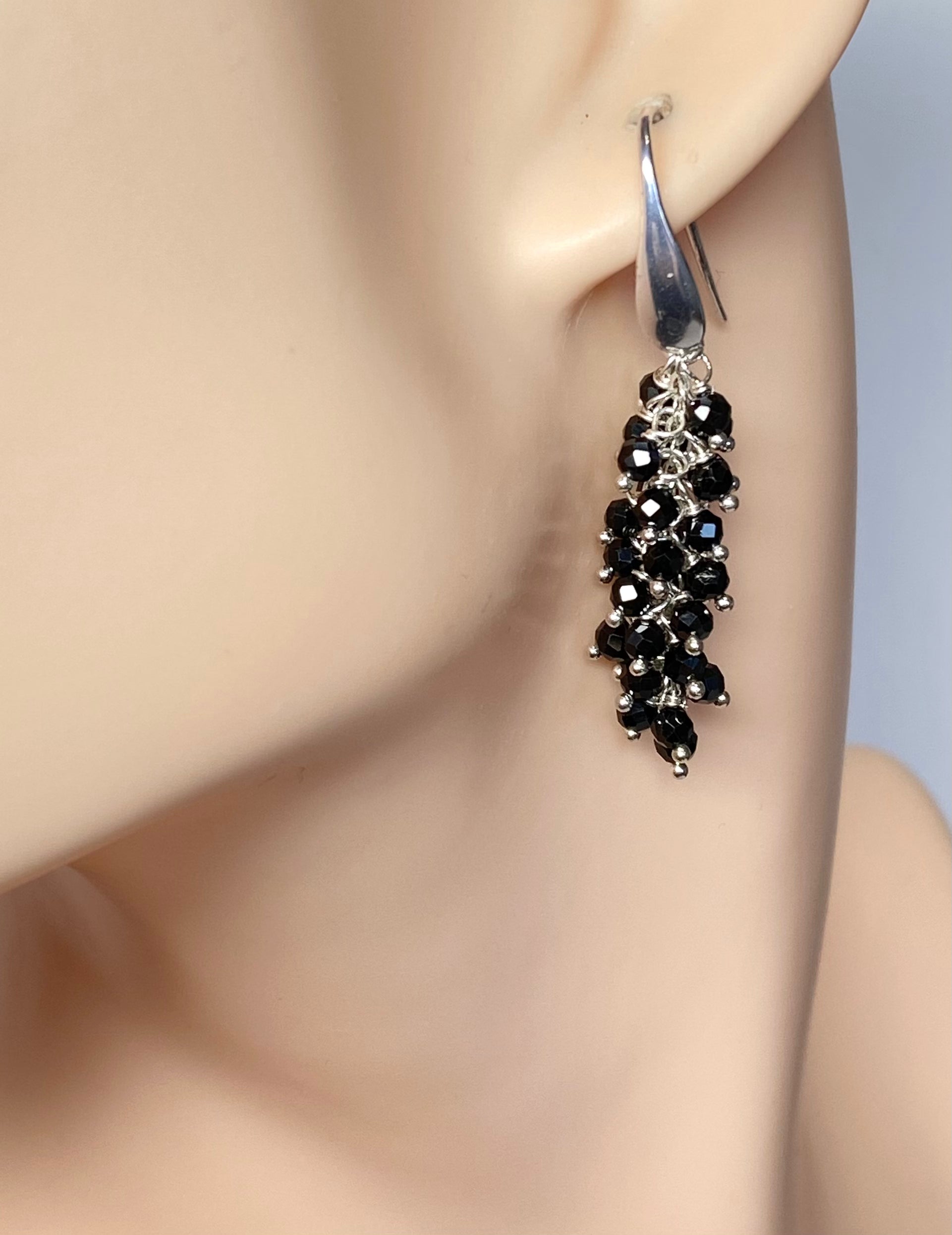Black Cluster Earrings Sterling Silver - Mystic Black Spinel Dangle Earrings for Women | Elegant Gothic Jewelry for Evening Parties & Special Occasions
