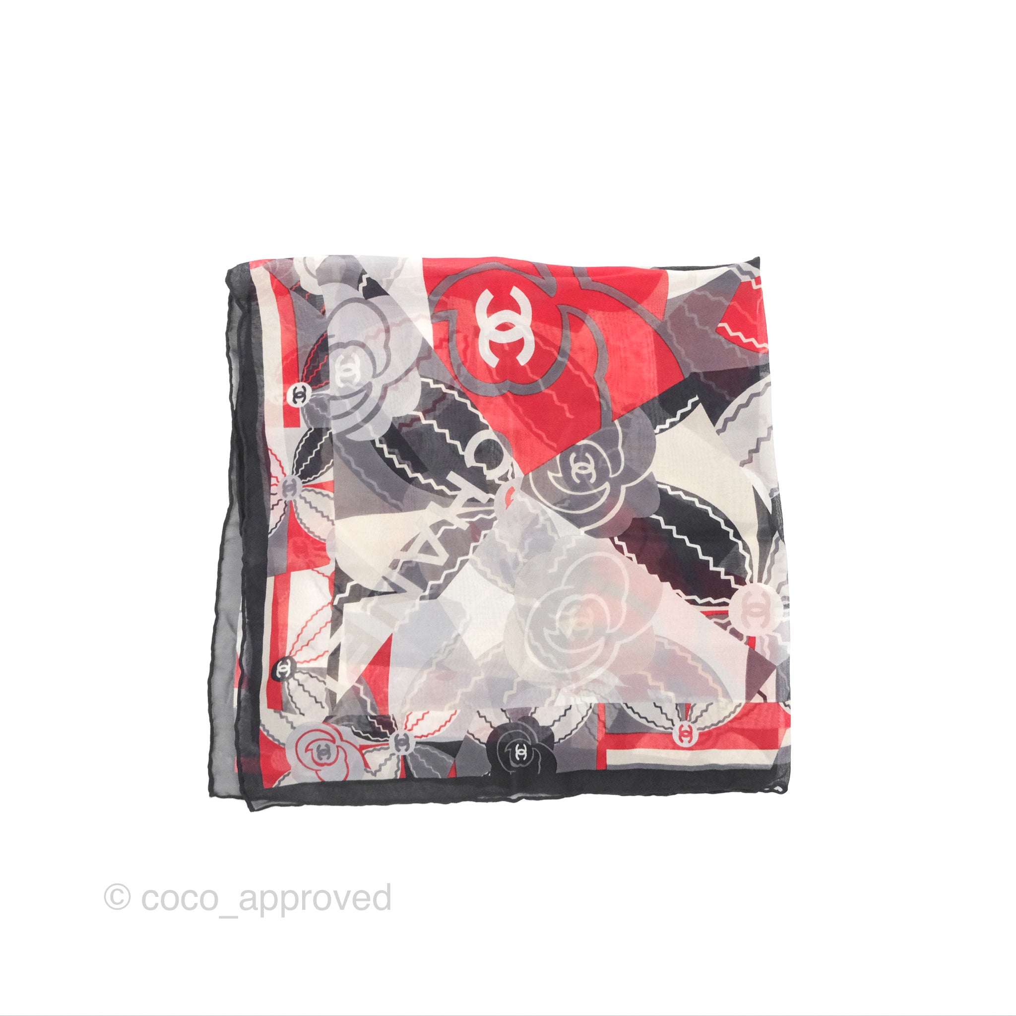 Chanel CC Silk Square Scarf 90 - Elegant Grey Red White Pattern - Luxury Fashion Accessory for Women - Perfect for Gifts, Parties, and Everyday Style