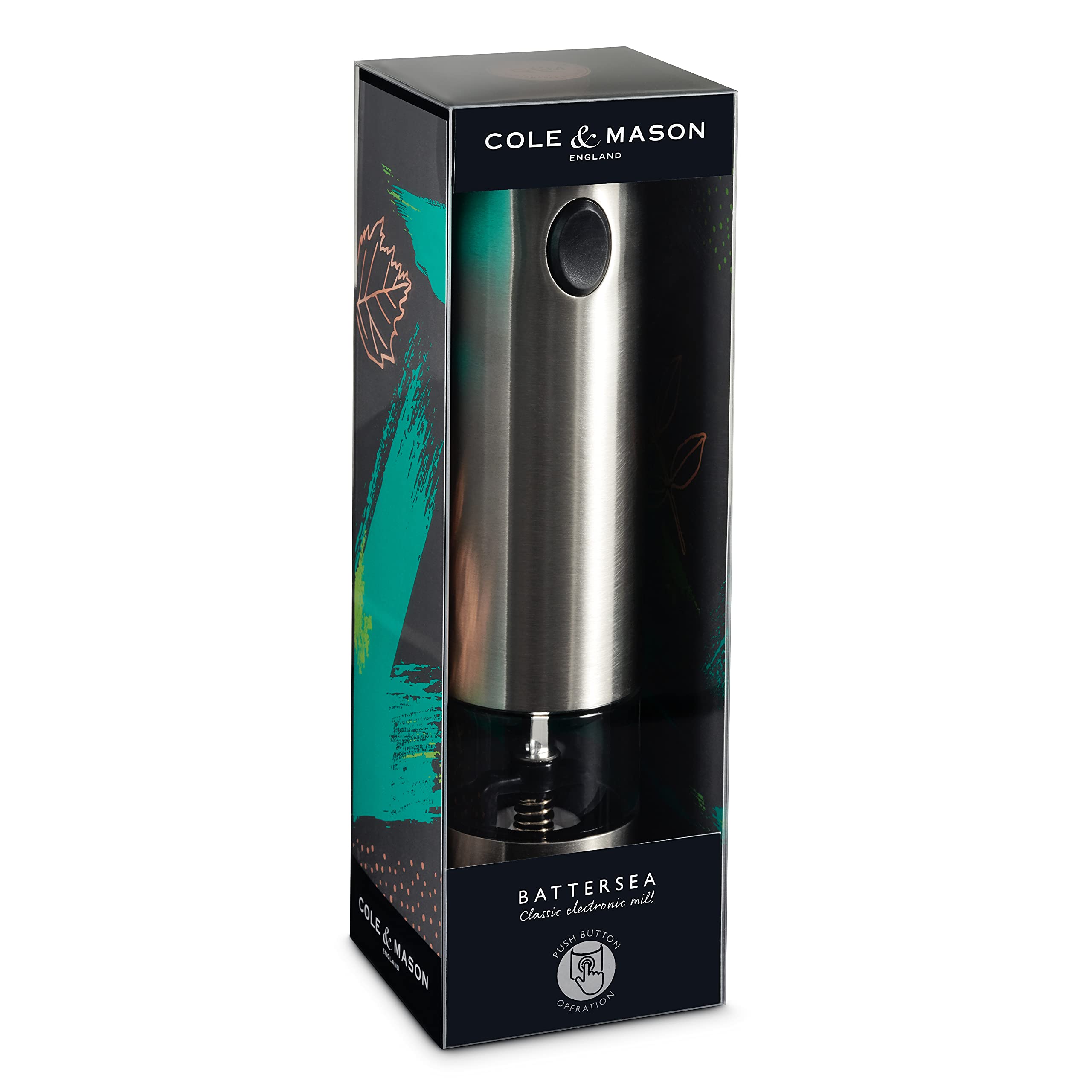 Cole & Mason Battersea Electronic Salt & Pepper Mill Set - One-Touch Adjustable Grinder with Stainless Steel Finish - Refillable & Coarse to Fine Settings - Perfect for Kitchen, Dining Table & Outdoor Cooking (1 Pack)
