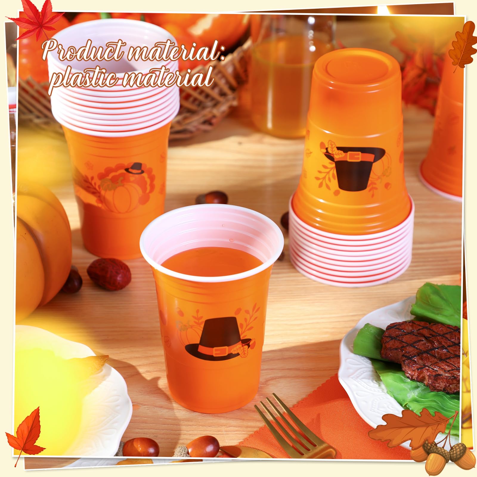 100-Pack 16oz Thanksgiving Plastic Cups - Bulk Disposable Orange Pumpkin Cups for Juice, Coffee & Fall Beverages | Perfect for Thanksgiving Dinner, Autumn Harvest Parties & Holiday Decorations