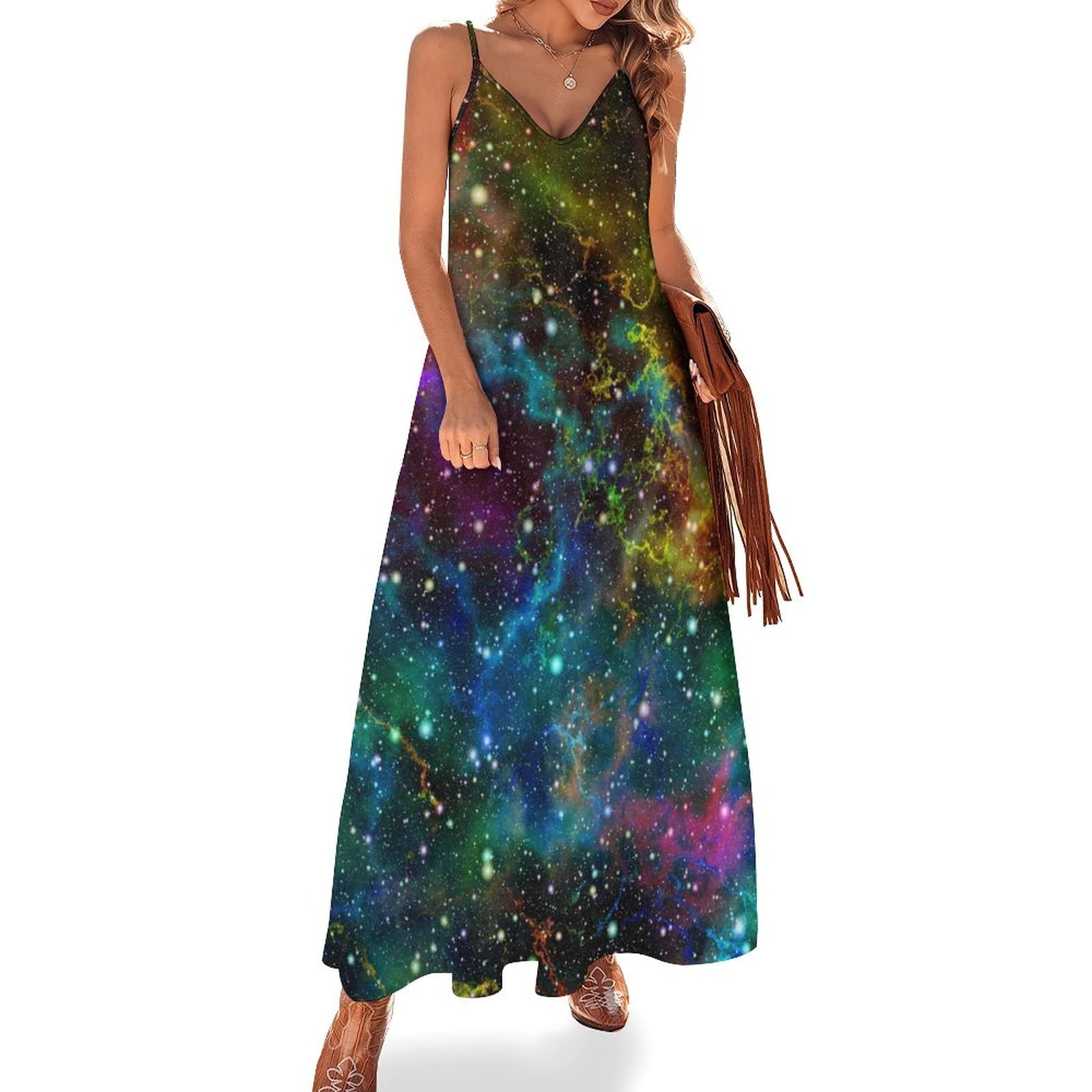 Starry Sky Maxi Dress for Women - Sleeveless V-Neck Long Beach Dress with Colorful Universe Nebula Print | Perfect for Beach Vacations, Summer Parties & Boho Fashion