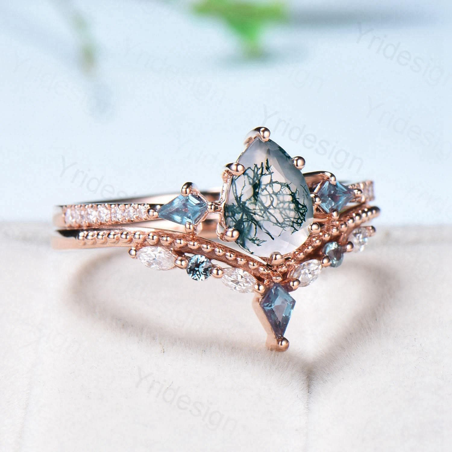 1.25 Carat Pear Shaped Natural Green Moss Agate Engagement Ring Set in Vintage 14k Rose Gold with Milgrain Detailing - Elegant Kite Agate Bridal Ring Set for Women - Perfect for Proposals, Weddings & Anniversary Gifts