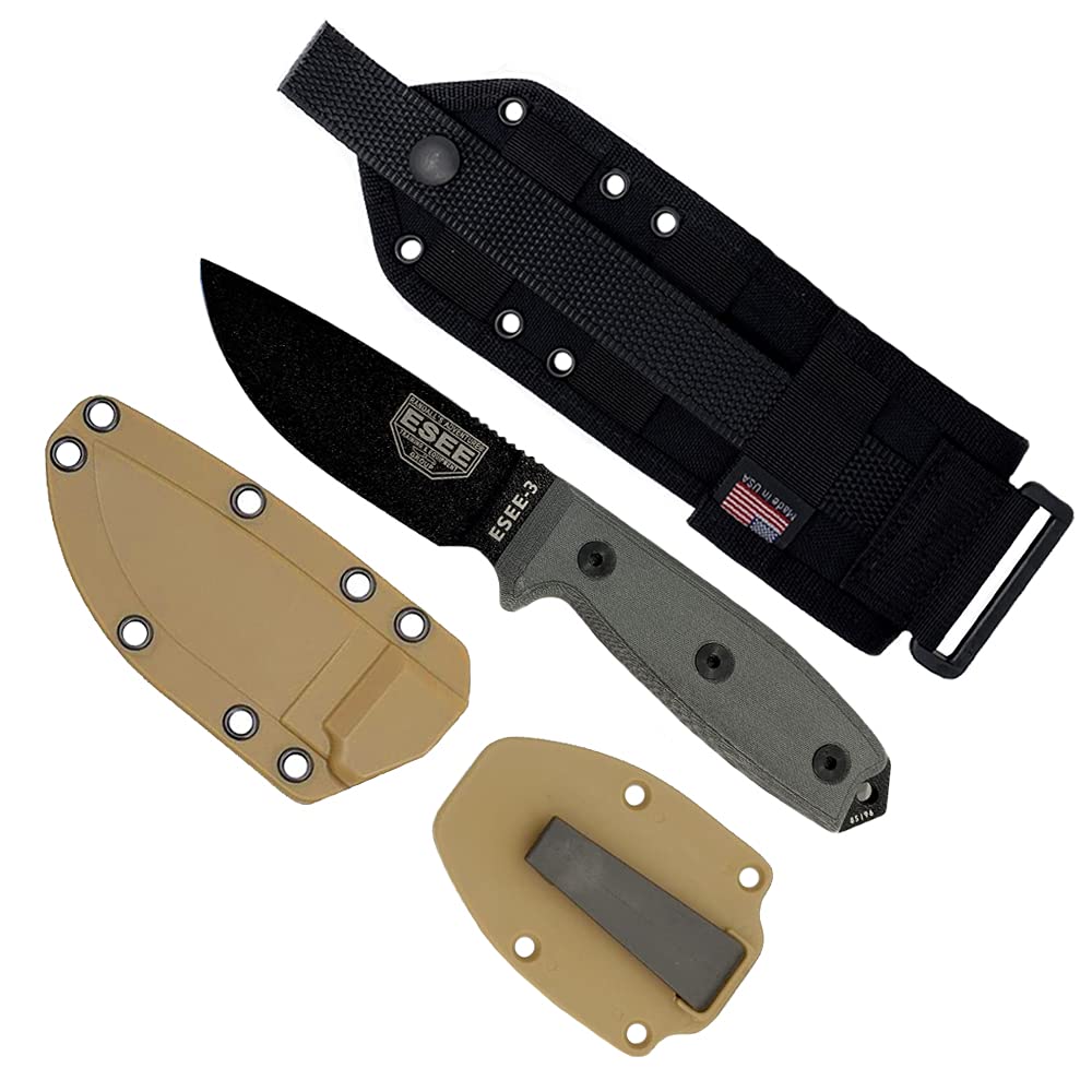 ESEE 3P-MB Fixed Blade Survival Knife with Black Blade - Coyote Brown Polymer Sheath & MOLLE Compatible for Outdoor Camping, Hunting, and Bushcraft