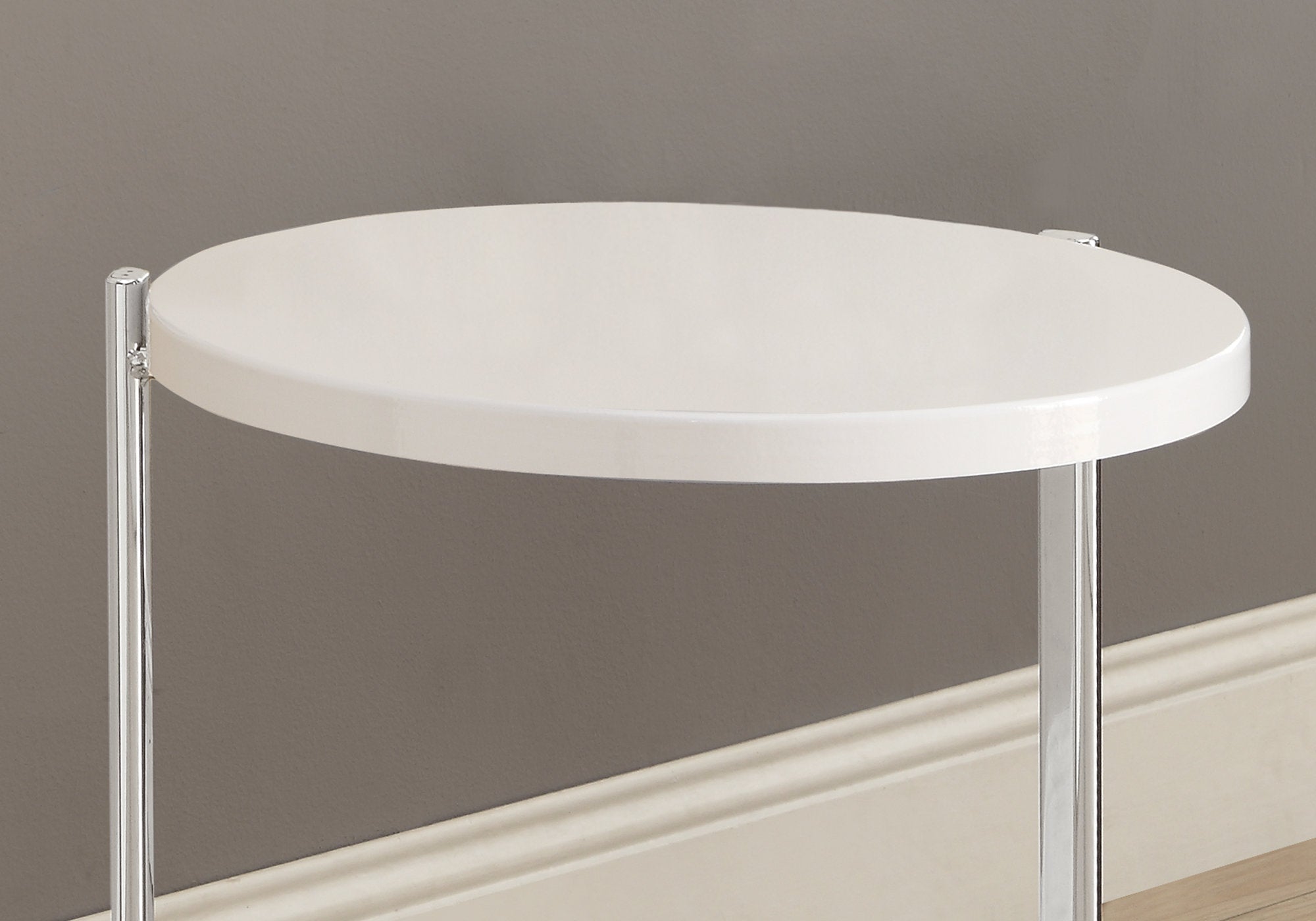 Modern Accent Table - Glossy White Finish with Chrome Metal Legs for Living Room, Bedroom, or Office Decor