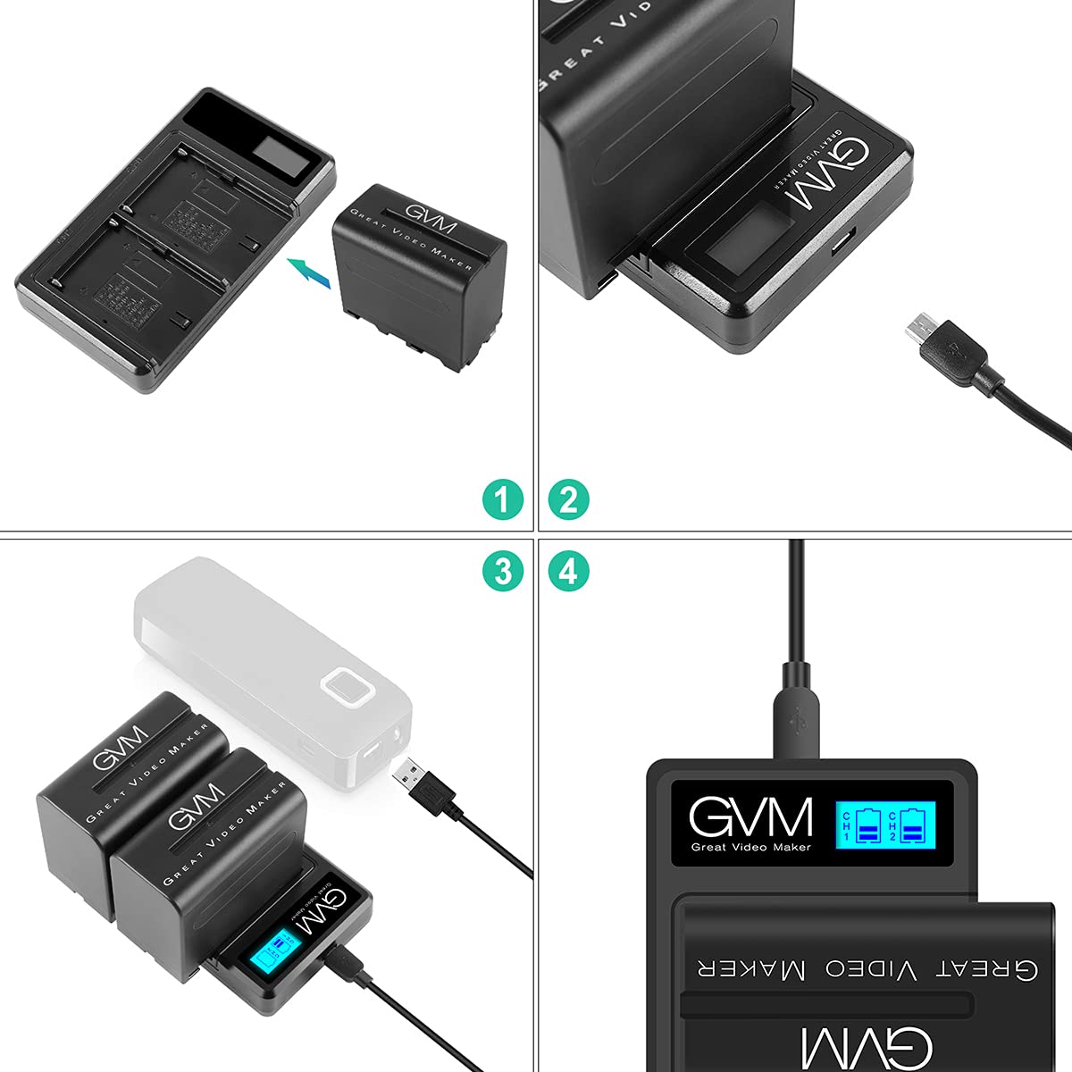 GVM NP-F970 6600mAh Rechargeable Batteries with Dual USB Charger & V-Mount Adapter - LCD Screen Shows Charge Status - 2 Pack Portable Power for DSLR Cameras, Camcorders, Video Lights - Perfect for Photography, Filmmaking, and Live Broadcasting