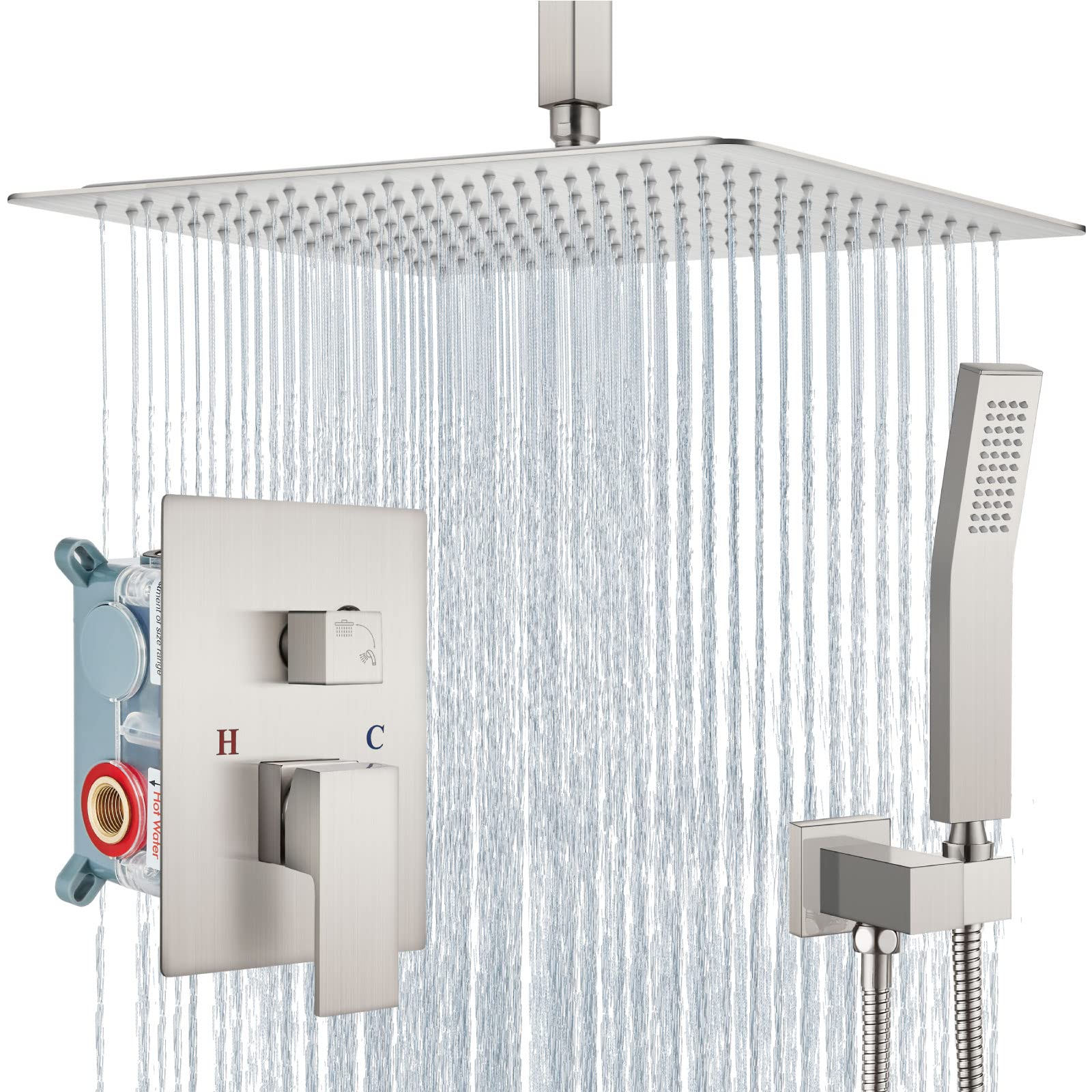 **Aolemi 16 Inch Ceiling Mount Rain Shower System - High Pressure Shower Head with Handheld Spray, Brushed Nickel Finish - Includes Rough-in Valve & Trim Kit - Perfect for Modern Bathroom & Spa-Like Experience**