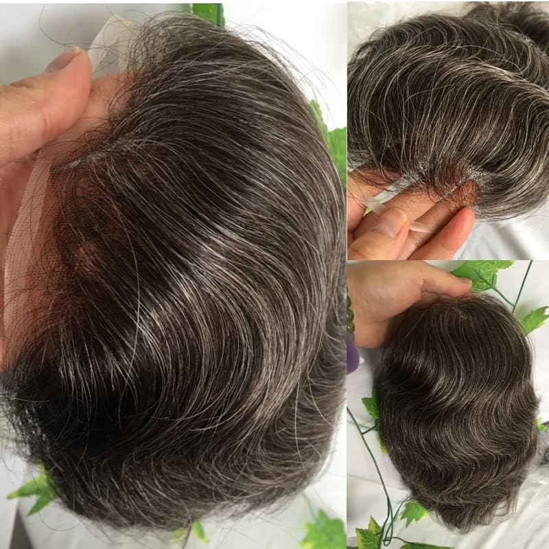 Premium 8x10 Inches Men's Toupee - 100% European Human Hair with Swiss Lace Front & 0.08mm Thin Skin Base - Natural Hairline V-looped Hair Replacement System (60% #1B Color Mixed with 40% Grey) - Ideal for Daily Wear, Special Occasions & Hair Loss Solutions