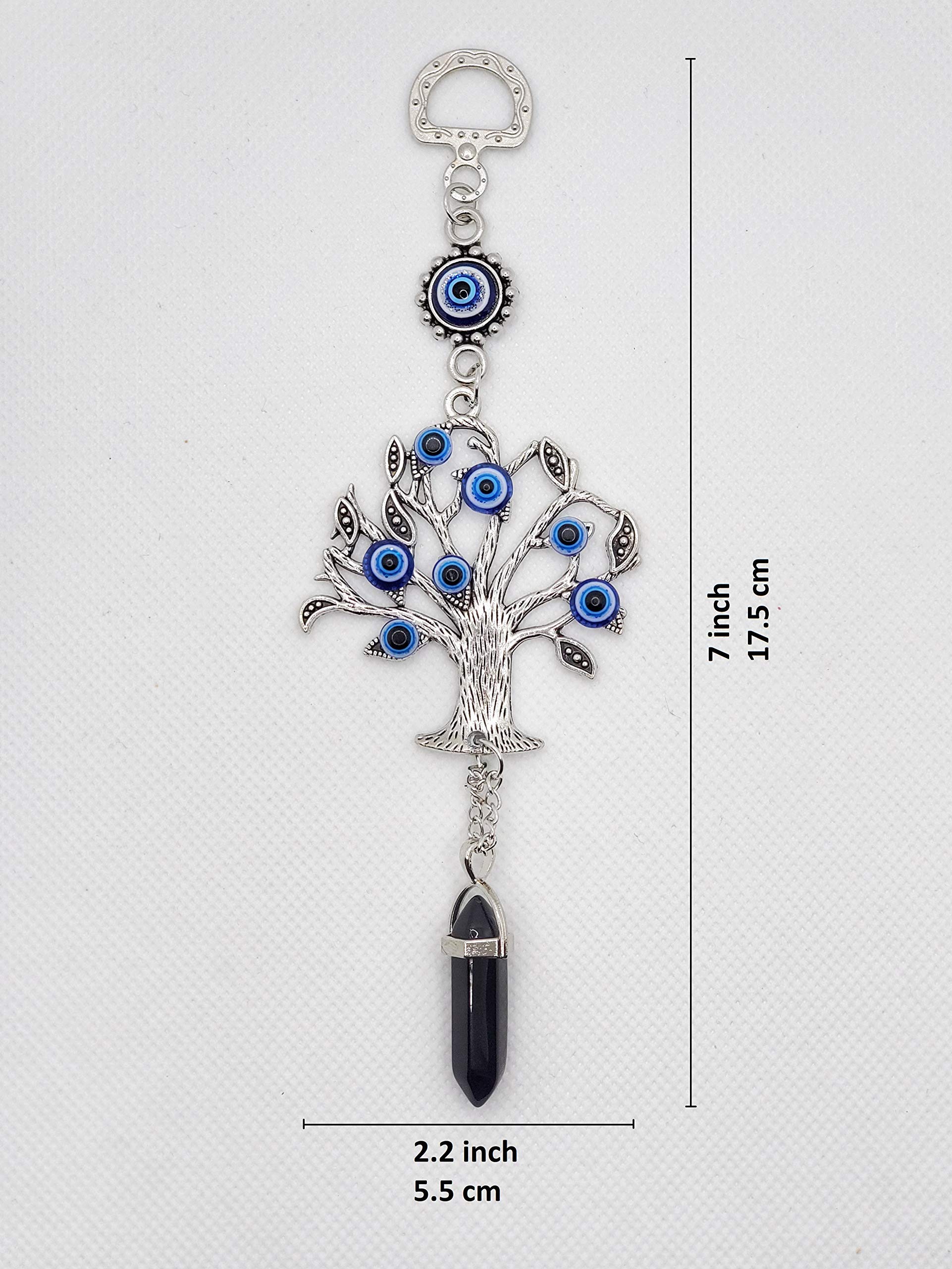 LUCKBOOSTIUM Silver Tree of Life Pendant with Blue Evil Eye & Crystal Gemstone - Spiritual Amulet for Growth, Strength & Protection | Home Decor, Car Mirror Charm, Gift Idea (2.2x7 Inches, Black Stone) - Perfect for Meditation, Office Feng Shui & Travel Protection