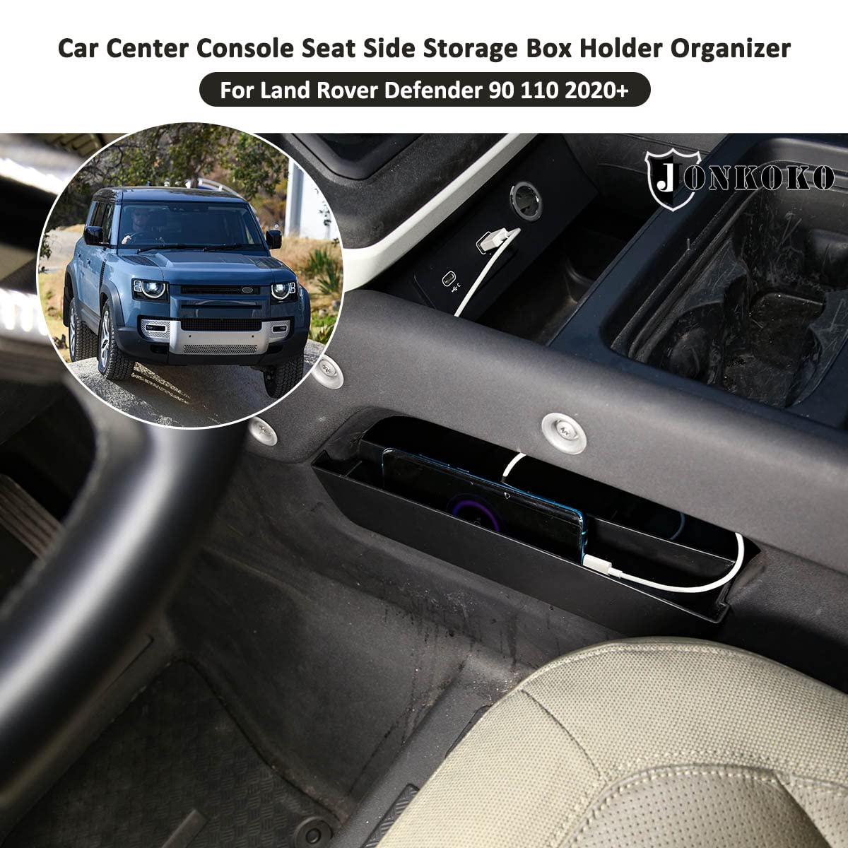 YIWANG ABS Black Car Central Storage Box for Land Rover Defender 90 & 110 (2020-2022) - Car Center Console Side Storage Box & Phone Holder - Perfect for Road Trips & Off-Road Adventures