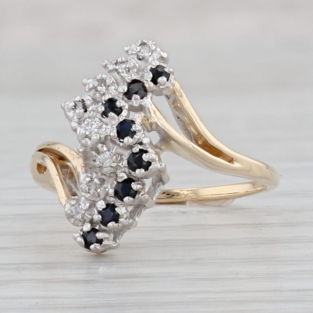 0.24ctw Blue Sapphire & Diamond Cluster Bypass Ring in 10k Yellow Gold, Size 7 | Elegant Bridal Jewelry & Anniversary Gift for Women
