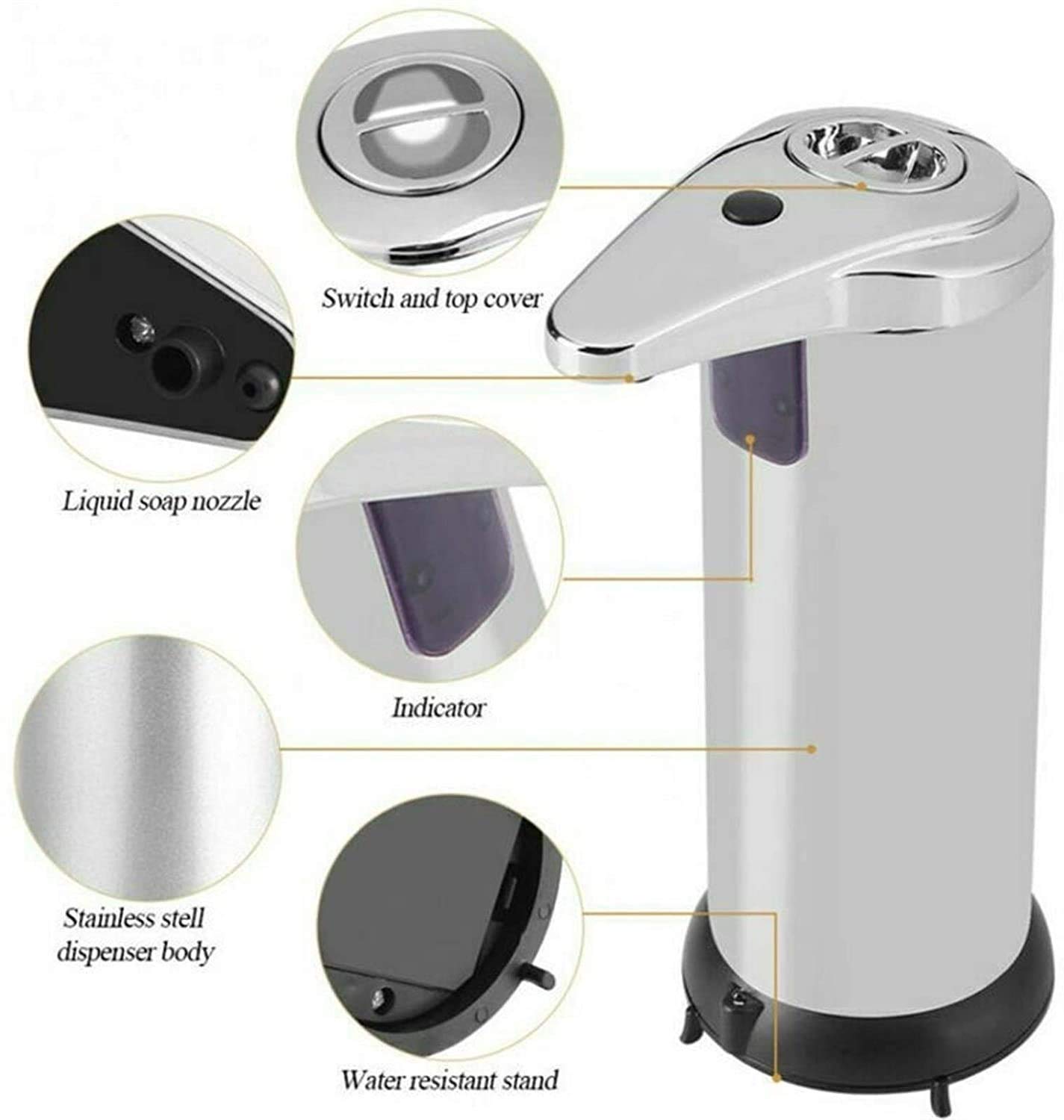 Automatic Touchless Gel Soap Dispenser with Motion Sensor - 250ml Battery Operated Hands-Free Soap Dispenser for Kitchen, Bathroom & Office - Black Waterproof Electric Gel Dispenser for Liquid Soap