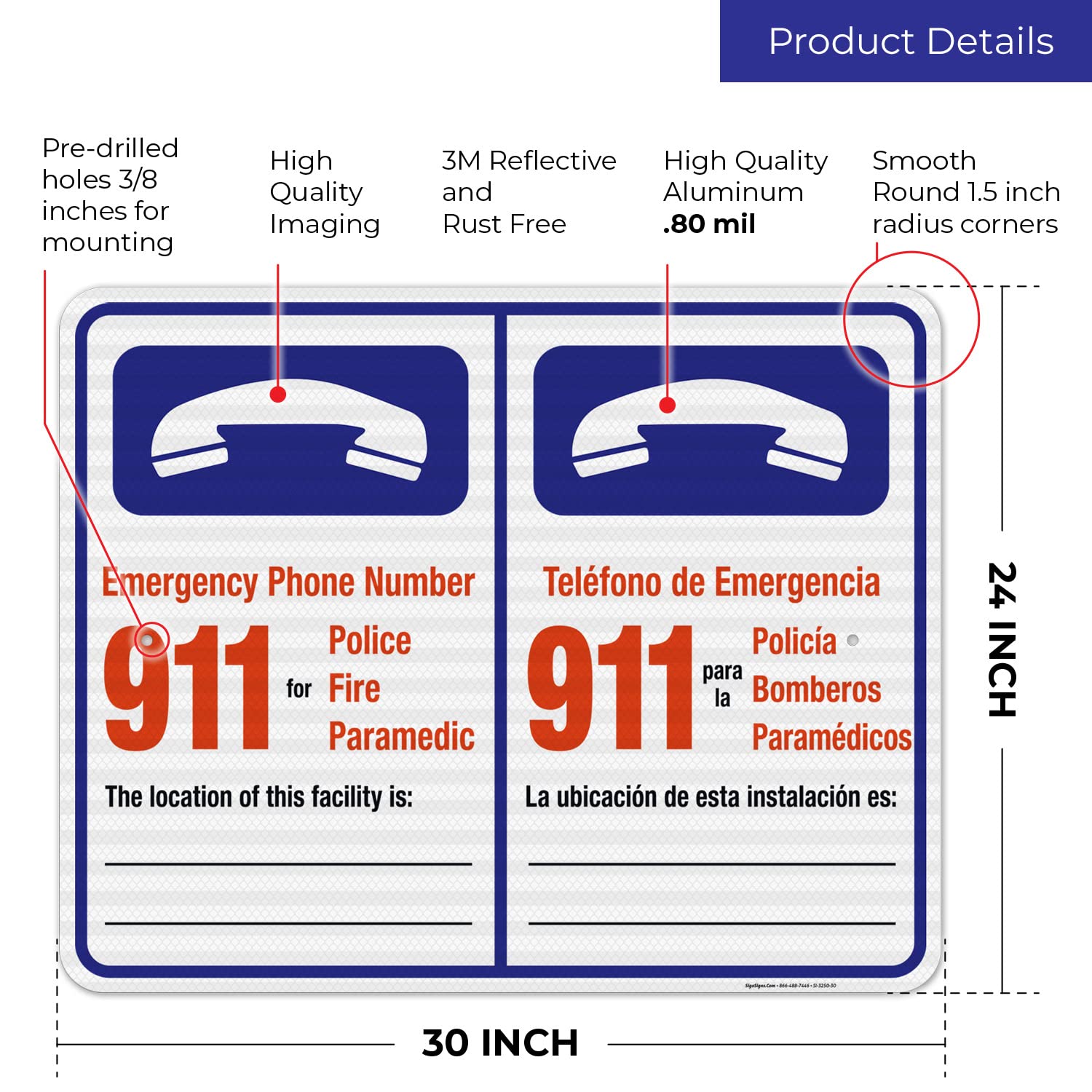 Pool Emergency Phone Number Sign - Bilingual English/Spanish - 24x30 Inches - 3M EGP Reflective .080 Aluminum - Fade Resistant - Made in USA - Perfect for Public Pools, Water Parks & Community Swimming Areas